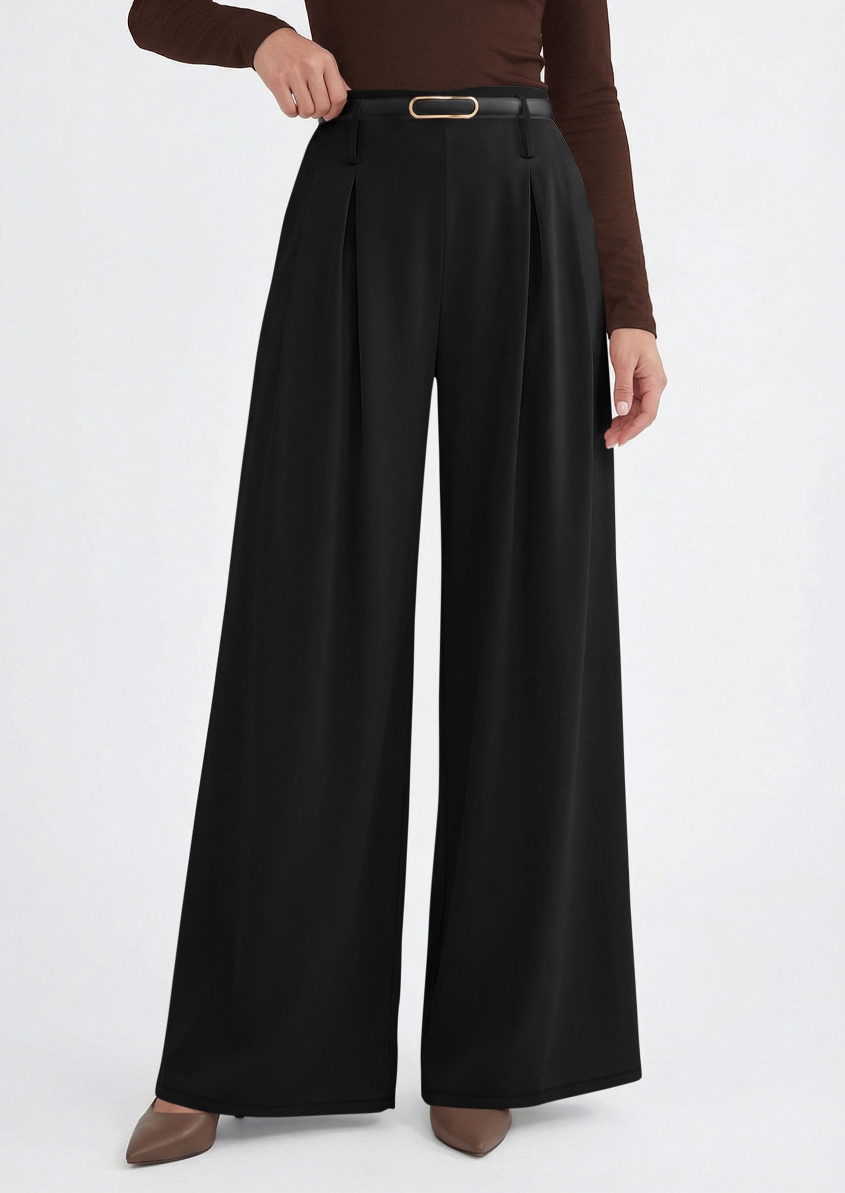 PRETTYGARDEN Womens Spring Wide Leg Trousers High Elastic Waist Loose Pleated Long Flowy Palazzo Work Pants with Pockets