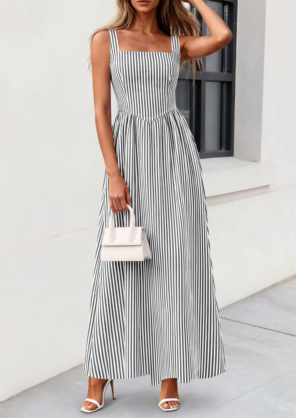 PRETTYGARDEN Women's Maxi Striped Dress Summer Sleeveless Square Neck Smocked A Line Long Flowy Spring Vacation Sundress