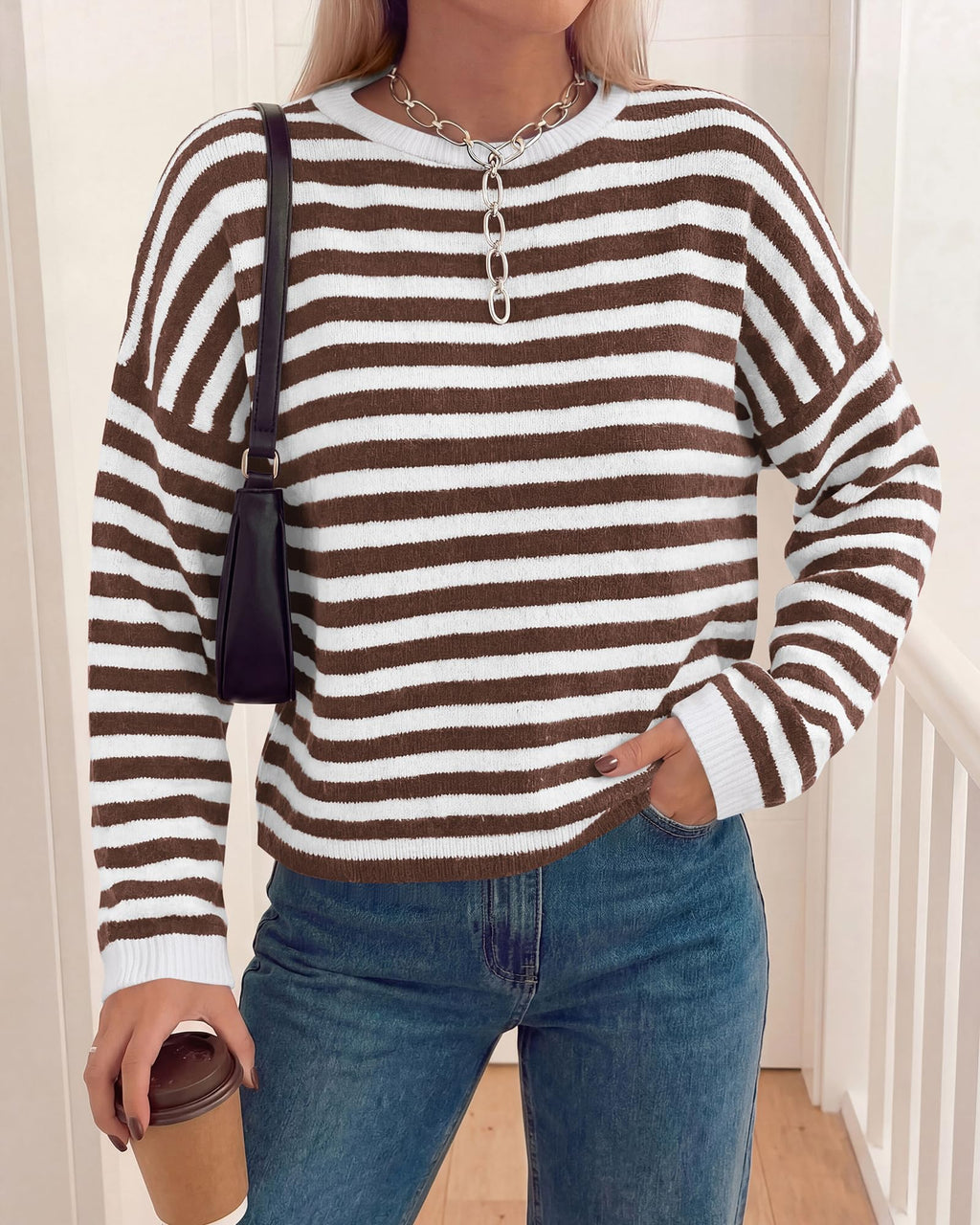 BTFBM Women's Lightweight Oversized Striped Sweater | Soft Knit Cozy Sweaters, Crew Neck Long Sleeve Pullover, y2k Color Block, Casual Holiday Outfits, Winter Fall Clothes