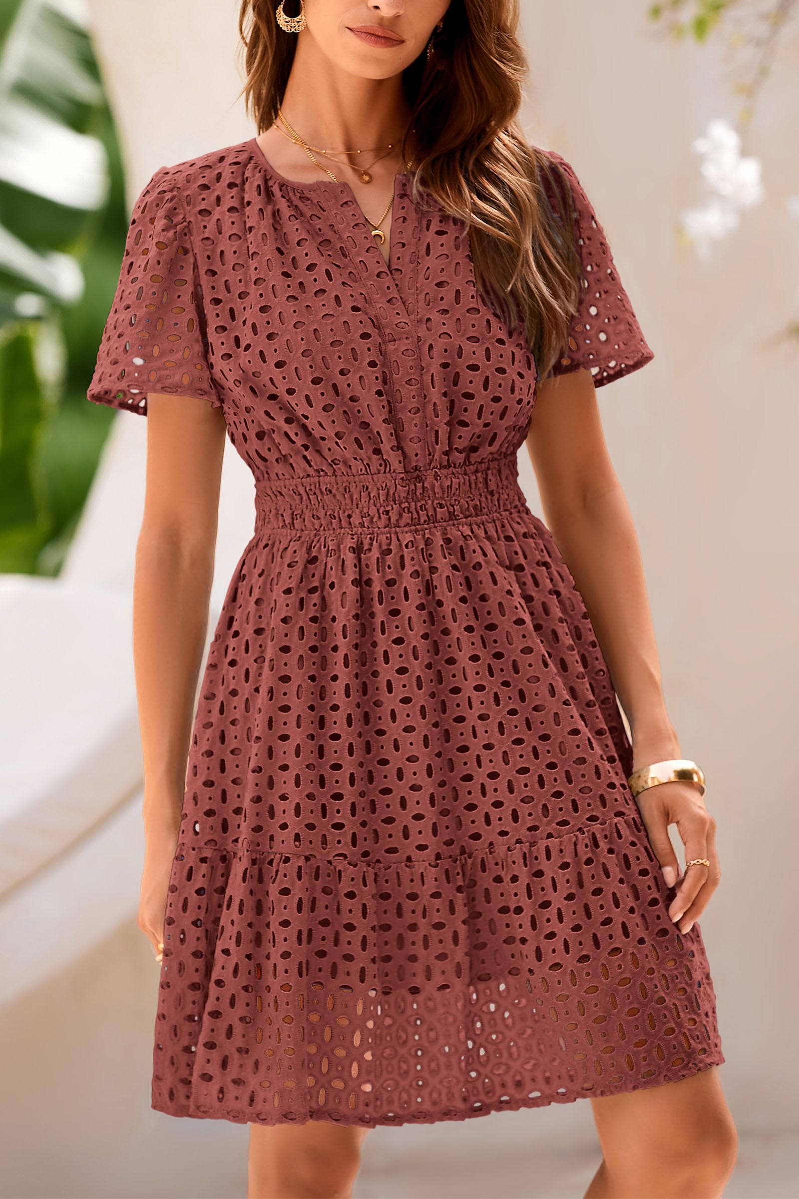 PRETTYGARDEN Womens Summer Short Dress V Neck Short Sleeve A Line Hollow Out Lace Ruffle Cute Casual Beach Party Dresses
