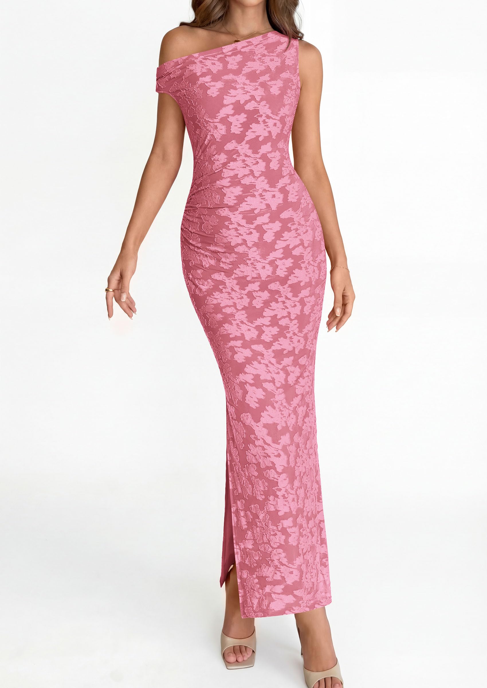PRETTYGARDEN Womens Floral One Shoulder Maxi Dress Summer Spring Bodycon Ruched Side Slit Elegant Cocktail Party Dresses