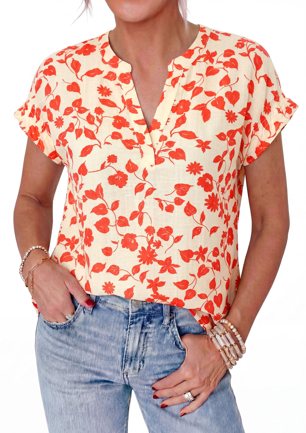 PRETTYGARDEN Womens Floral Print Short Sleeve Summer Tops Trendy V Neck Loose Boho Shirts Casual Work Blouses