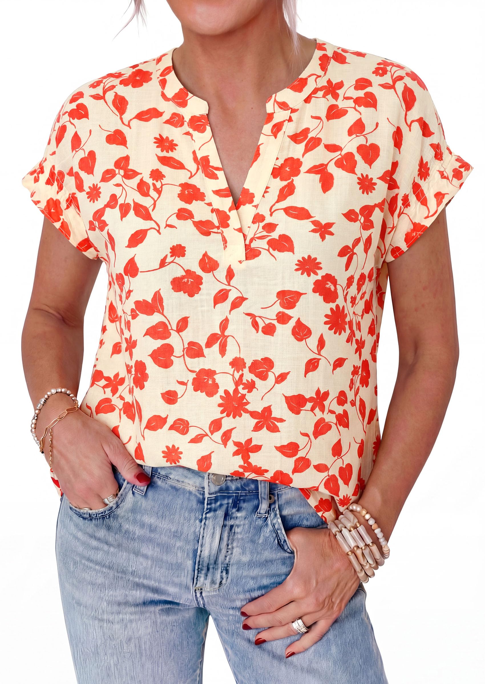 PRETTYGARDEN Womens Floral Print Short Sleeve Summer Tops Trendy V Neck Loose Boho Shirts Casual Work Blouses