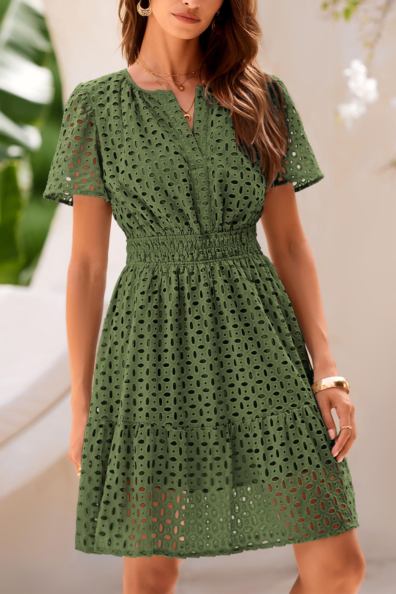 PRETTYGARDEN Womens Summer Short Dress V Neck Short Sleeve A Line Hollow Out Lace Ruffle Cute Casual Beach Party Dresses