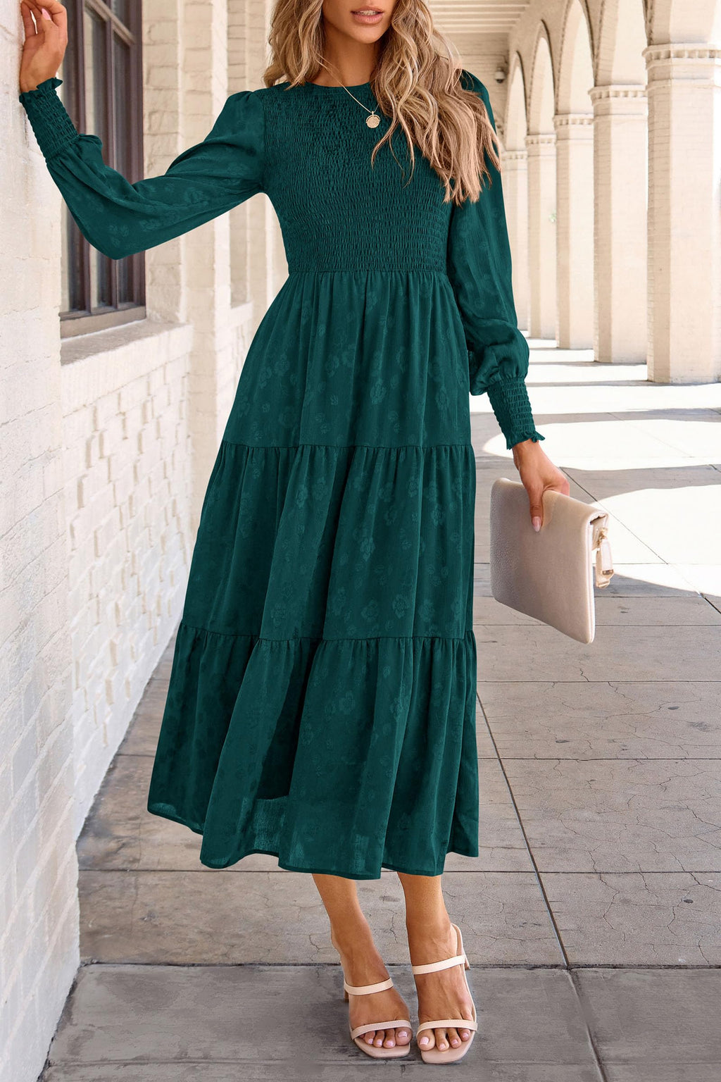 PRETTYGARDEN Women's Fall Spring Midi Dress Long Sleeve Floral Smocked Elegant Wedding Guest Long Flowy Dresses with Pockets