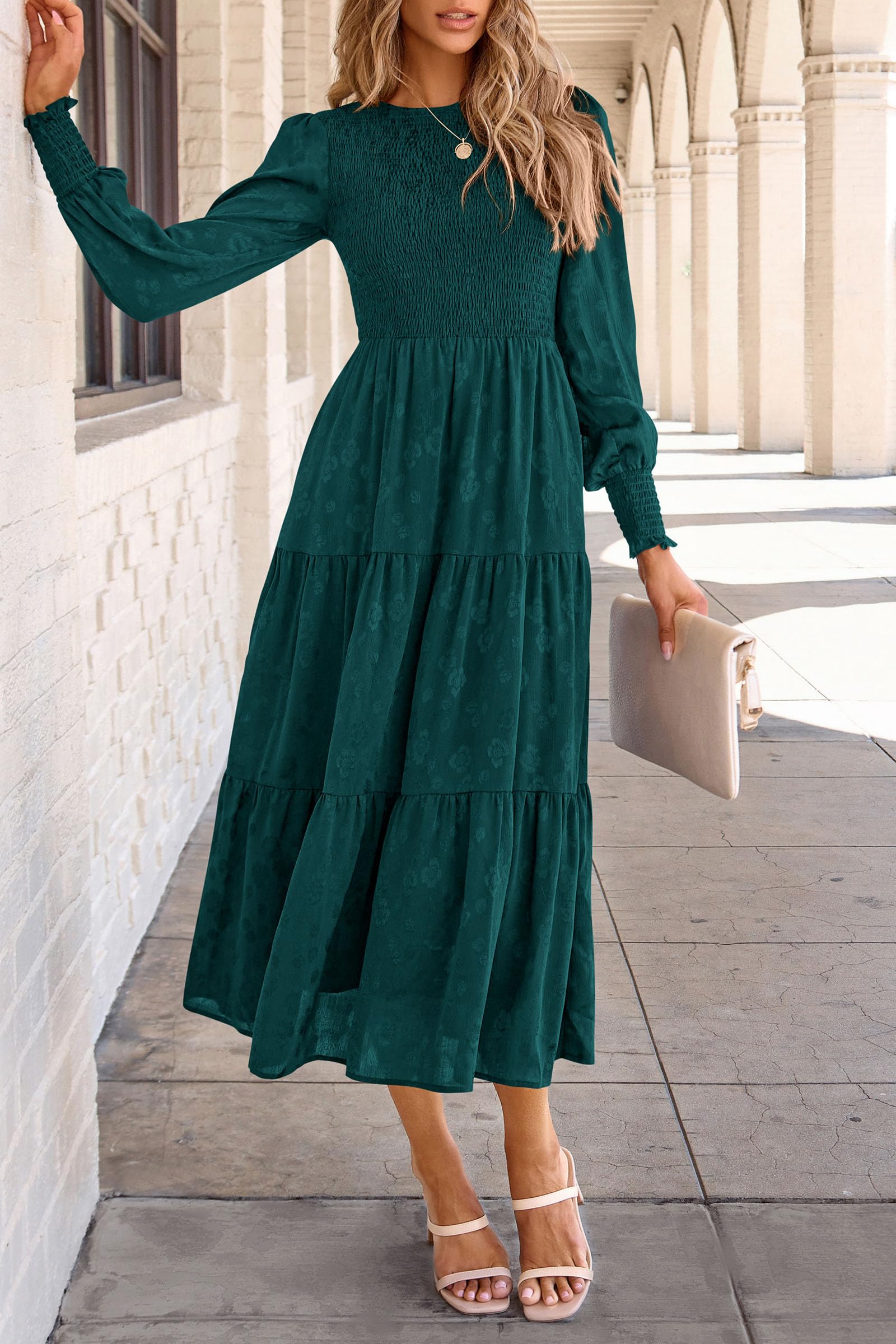 PRETTYGARDEN Women's Fall Spring Midi Dress Long Sleeve Floral Smocked Elegant Wedding Guest Long Flowy Dresses with Pockets