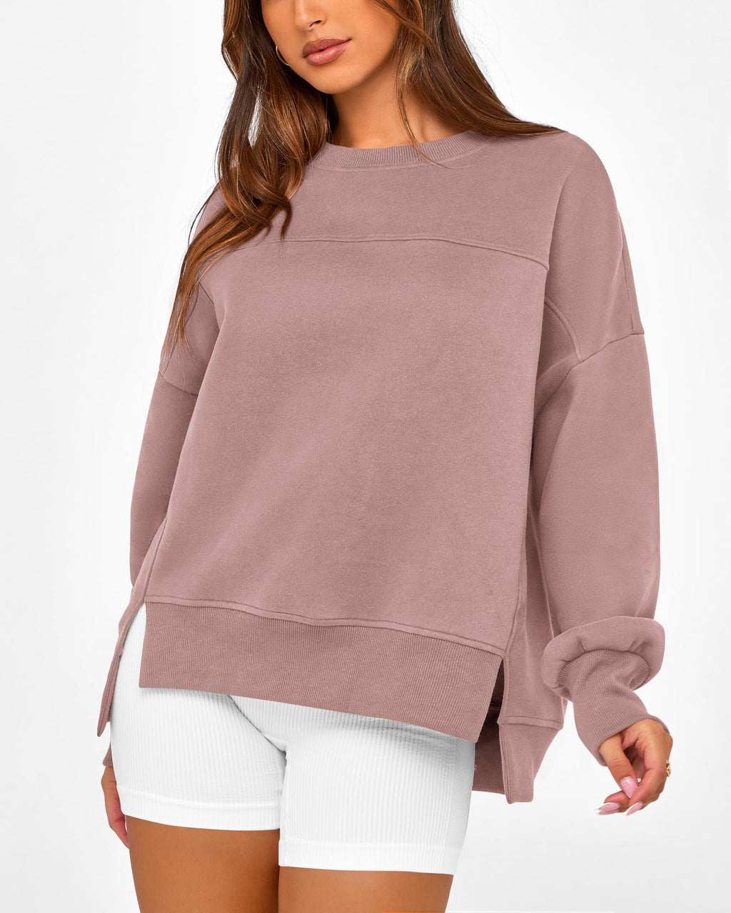 BTFBM Women's Casual Crewneck Sweatshirts Spring Long Sleeve Side Slit Workout Fleece Pullover Top Fashion Clothing