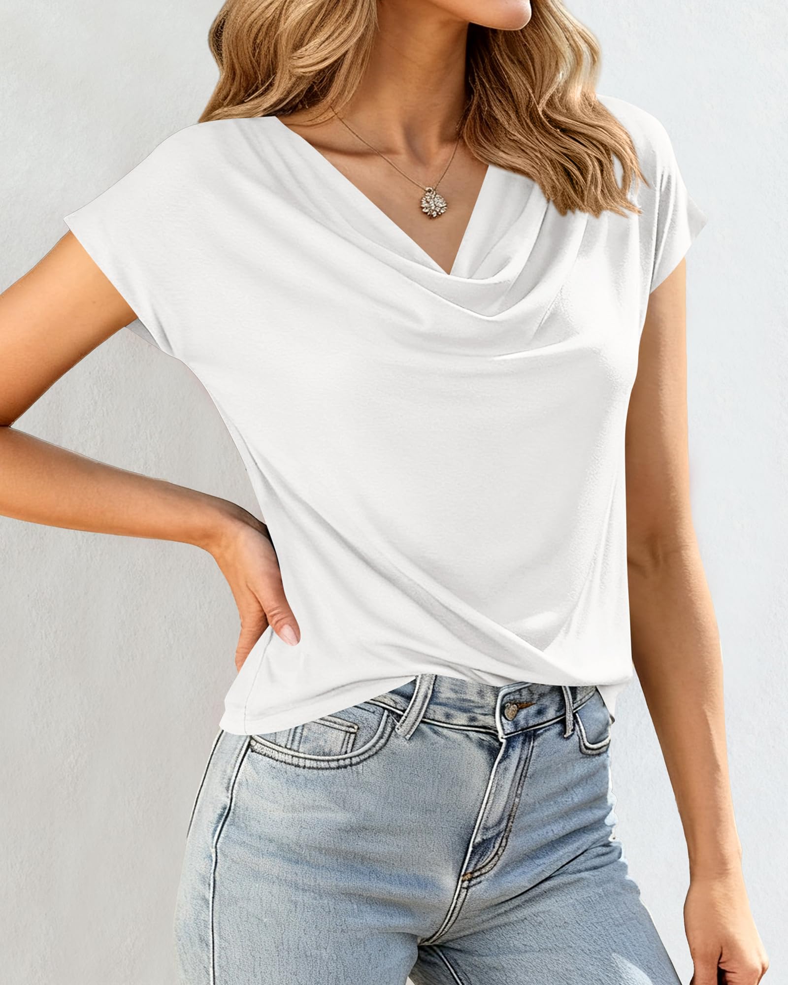 FreshPretty Blouses for Women Dressy Casual Spring Summer Tops Cowl Neck Short Sleeve Shirts Work Office Business Outfits