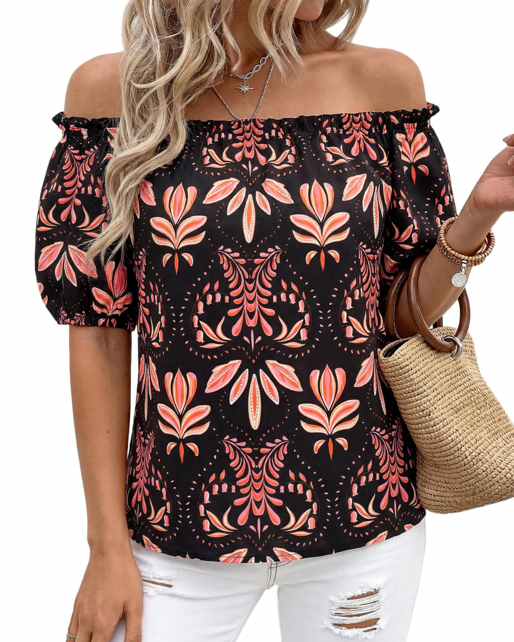 BTFBM Off The Shoulder Spring Tops for Women Summer Blouses Boho Floral Short Sleeve Shirts Dressy Casual Outfits