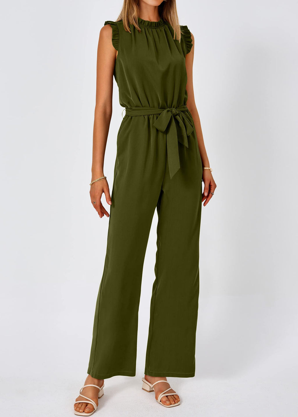 FreshPretty Jumpsuits For Women Dressy Summer One Piece Sleeveless Ruffle Mock Neck Belt Pockets Formal Wide Leg Pants Romper