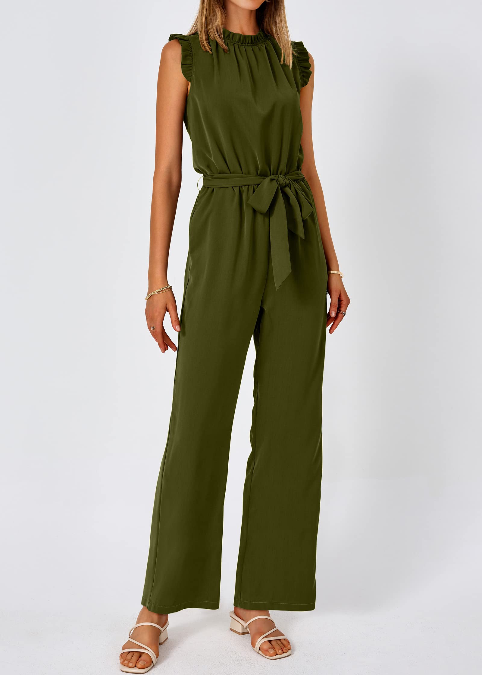 FreshPretty Jumpsuits For Women Dressy Summer One Piece Sleeveless Ruffle Mock Neck Belt Pockets Formal Wide Leg Pants Romper