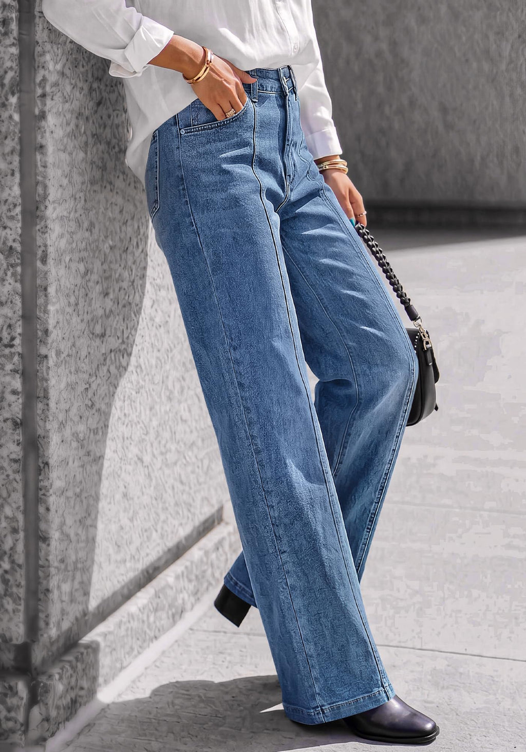 BTFBM Front Seam Stretchy Wide Straight Leg Jeans for Women Trendy Boyfriend Baggy Denim Jeans, High Waisted Palazzo Pants, 5-Pocket, Relaxed Fit, Full Length, Casual Bottoms, Fall Outfits