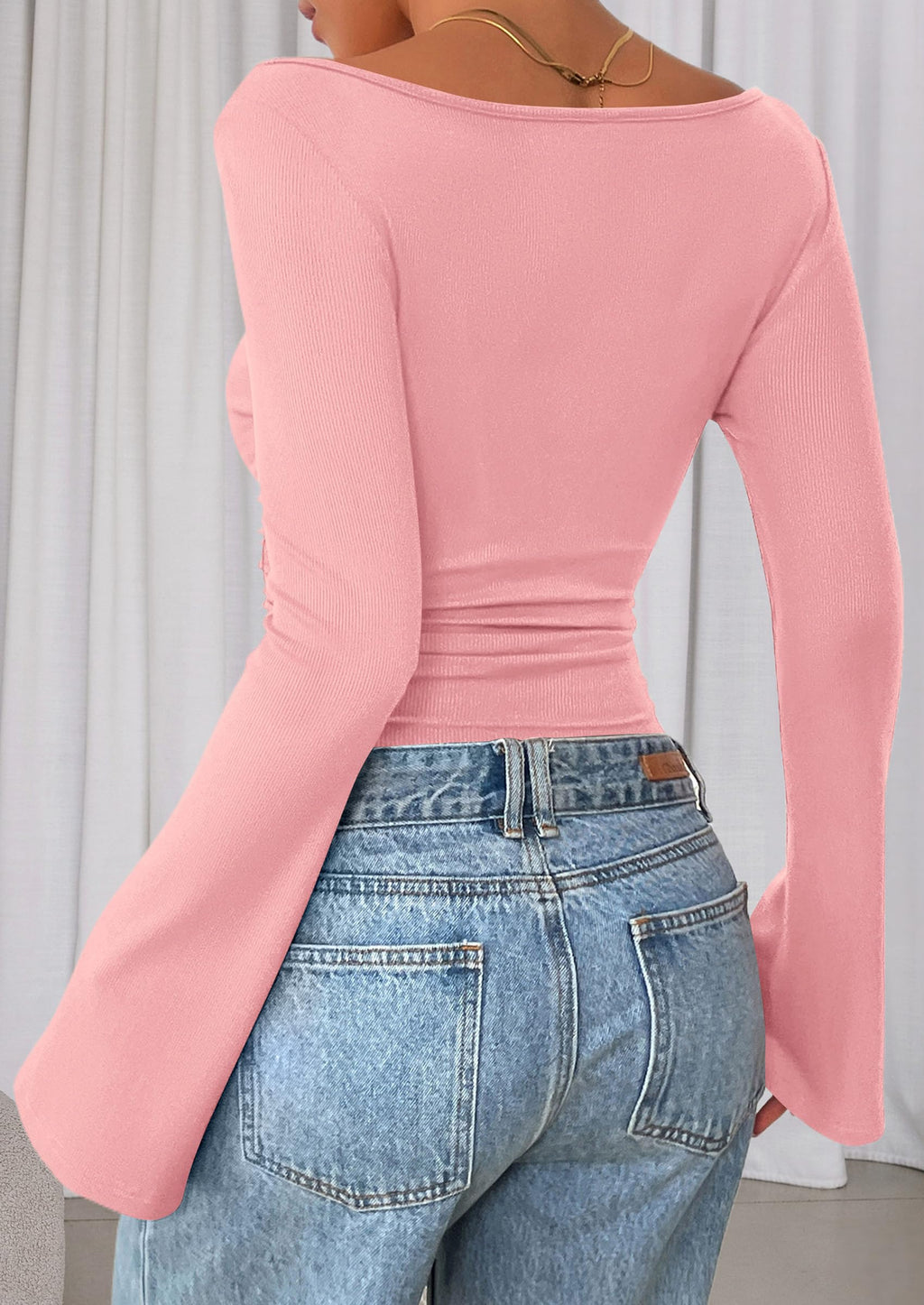 PRETTYGARDEN Women's Long Sleeve Shirts Fall Crop Going Out Tops Casual Boat Neck Bell Sleeve Ribbed Ruched Y2K Clothes