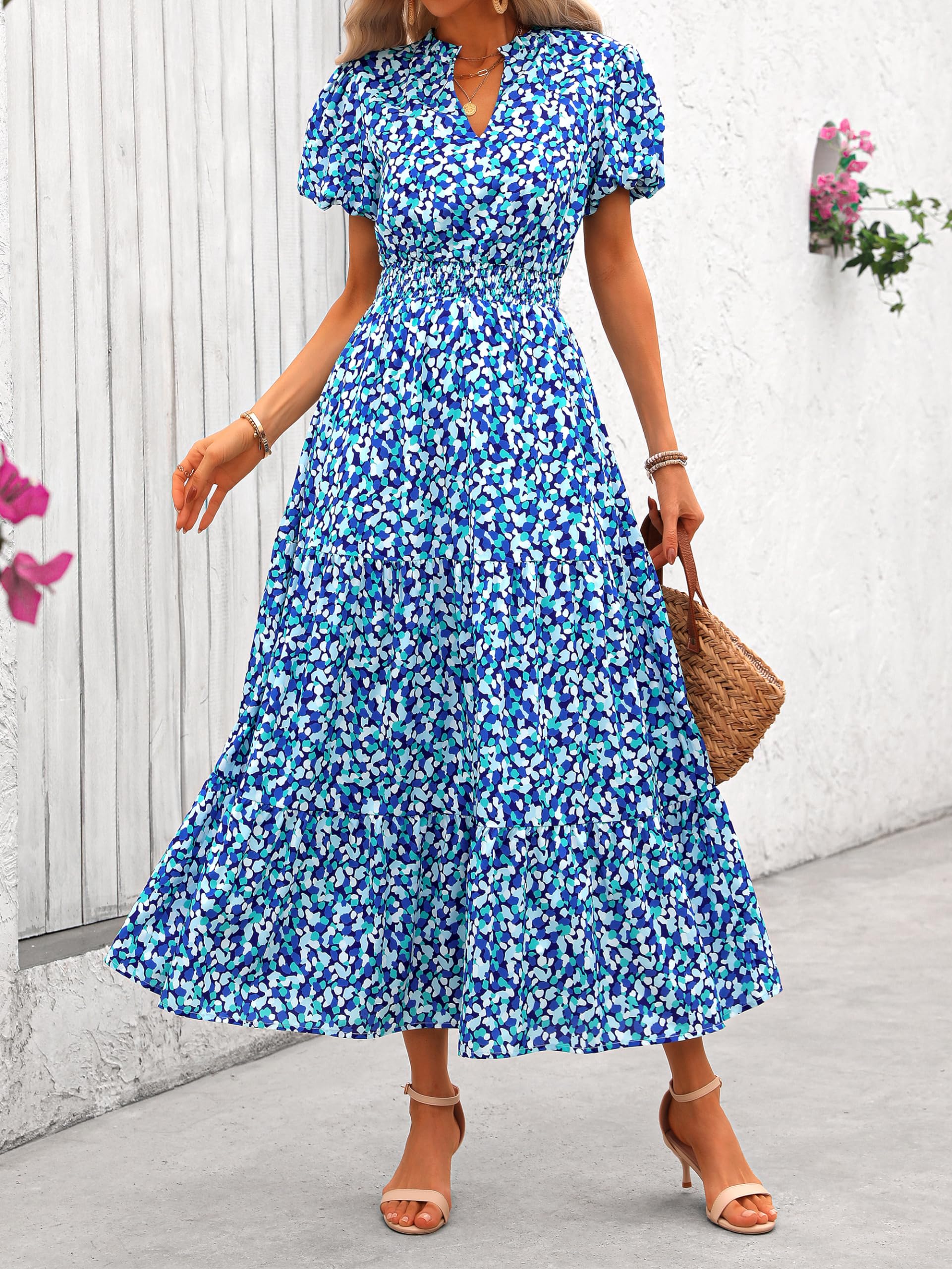 PRETTYGARDEN Summer Maxi Dresses for Women  Casual V Neck Puff Short Sleeve Smocked Flowy Beach Boho Long Floral Dress