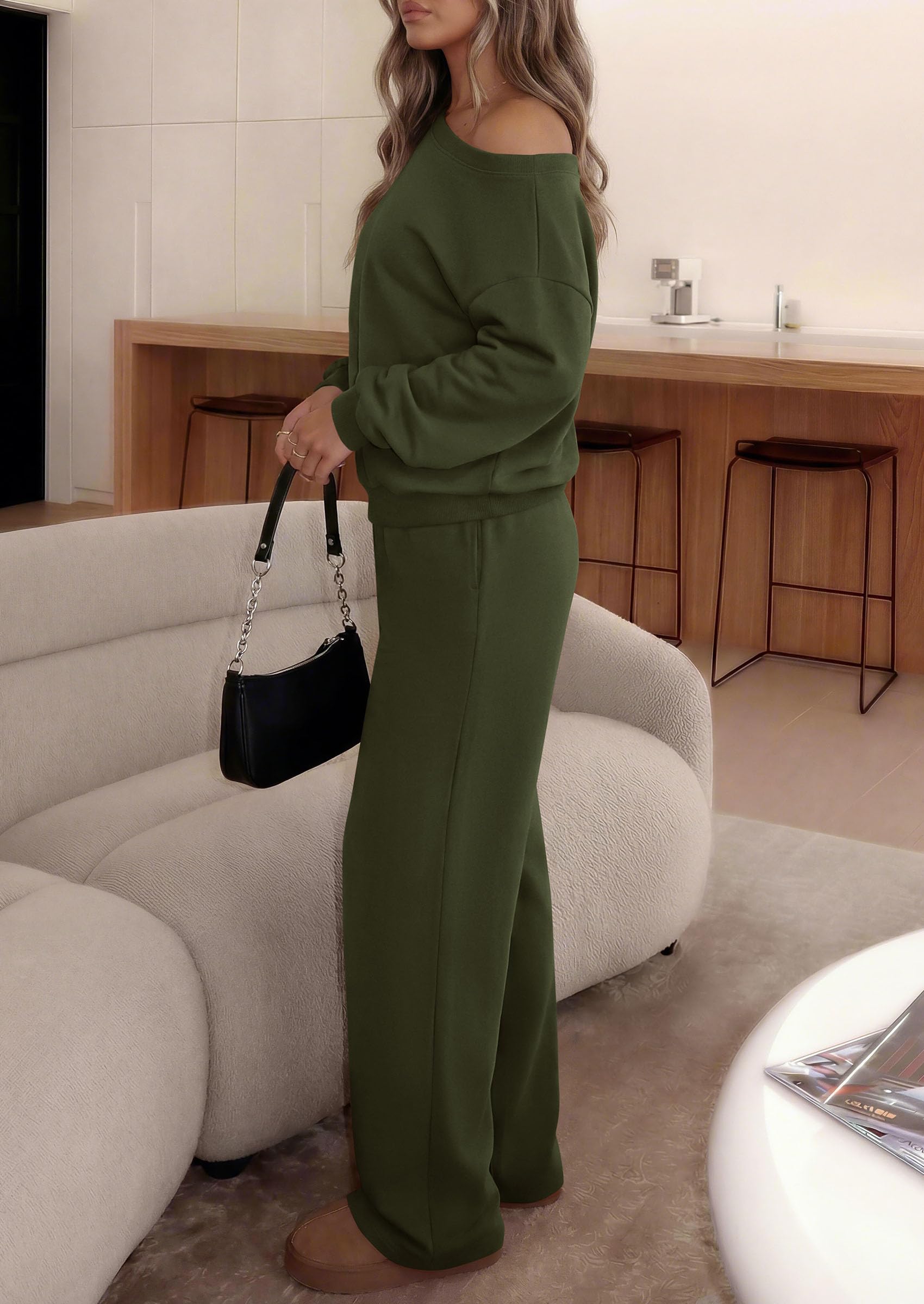 PRETTYGARDEN Womens 2 Piece Casual Matching Lounge Sets Fashion Off the Shoulder Sweatshirt, Wide Leg Pants with Pockets, Comfy Airport Travel Outfit,Trendy Fall Set