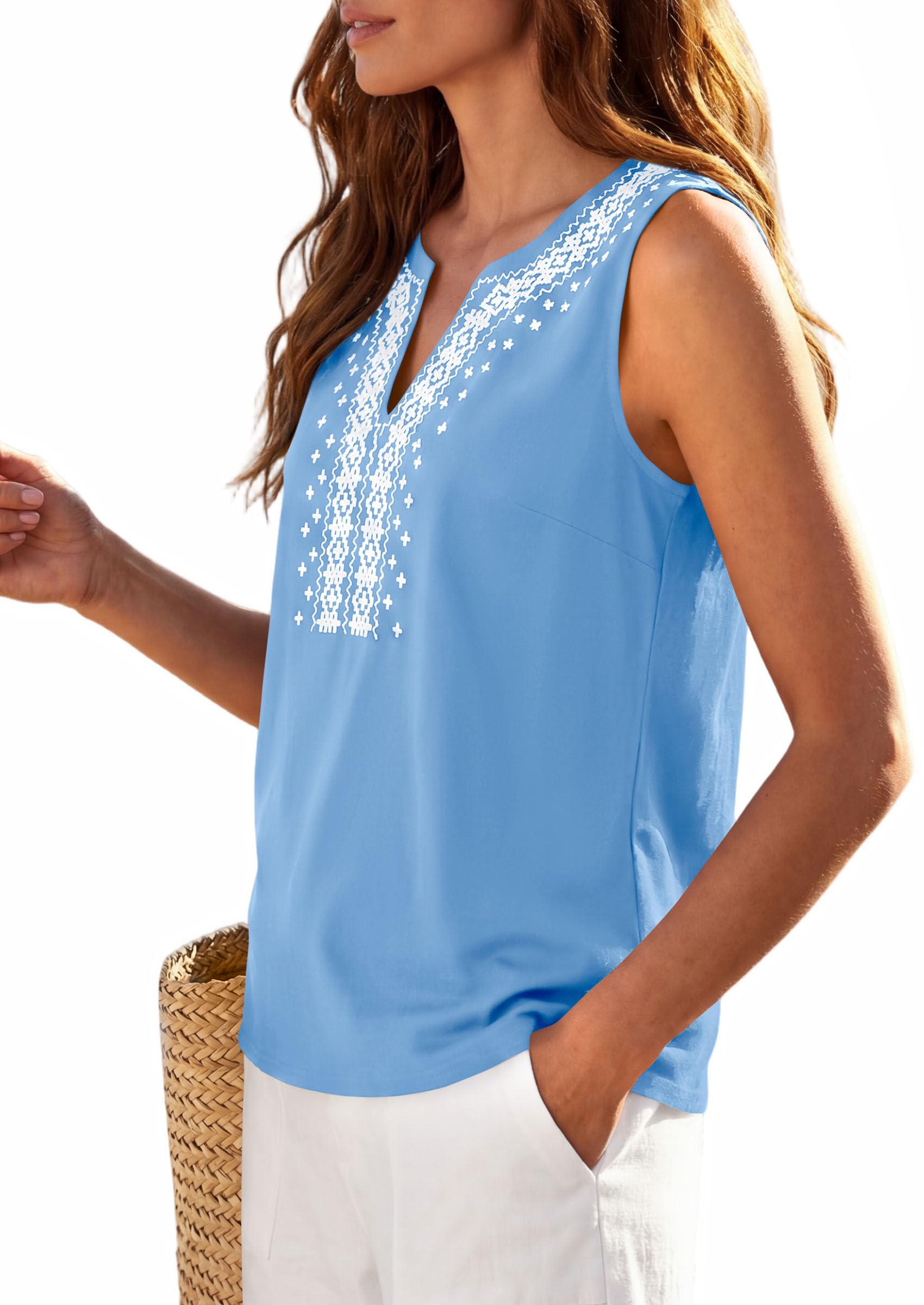PRETTYGARDEN Womens Tank Tops Summer Causal V Neck Sleeveless Shirts Floral Print Embroidered Beach Vacation Boho Top