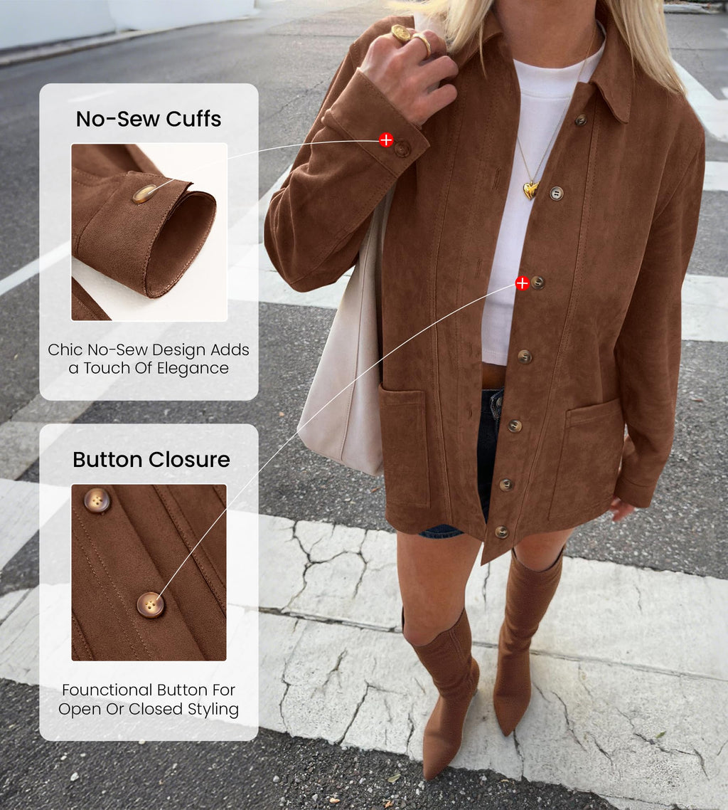 BTFBM Faux Suede Jacket Women Fall Fashion Leather Jackets Long Sleeve Button Down Winter Coats Shackets Outerwear