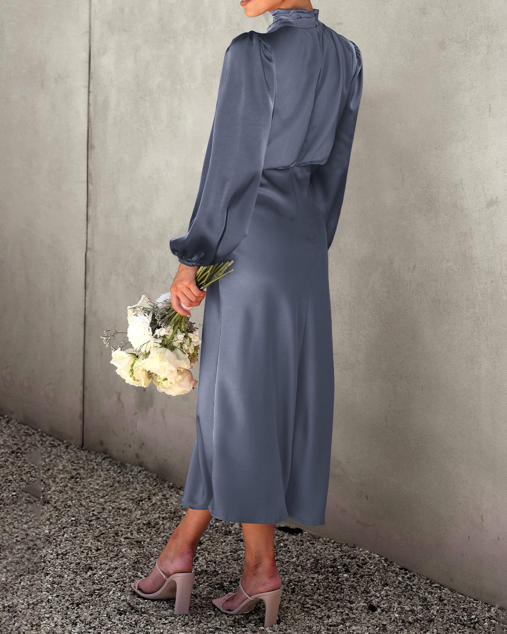 BTFBM Womens Mock Neck Satin Dress Spring Summer Long Sleeve Lightweight Formal Wedding Party Maxi Cocktail Dresses