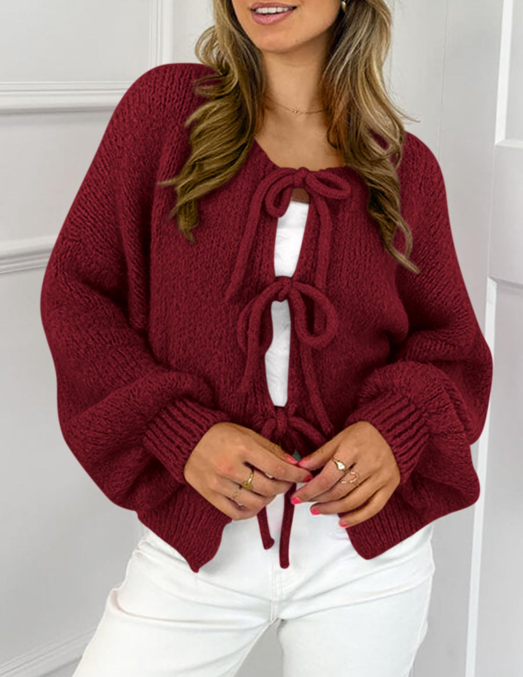 PRETTYGARDEN Women's Tie Front Bow Cardigan Sweaters Chunky Knit Long Puff Sleeve Trendy Fall Winter Jacket Coat