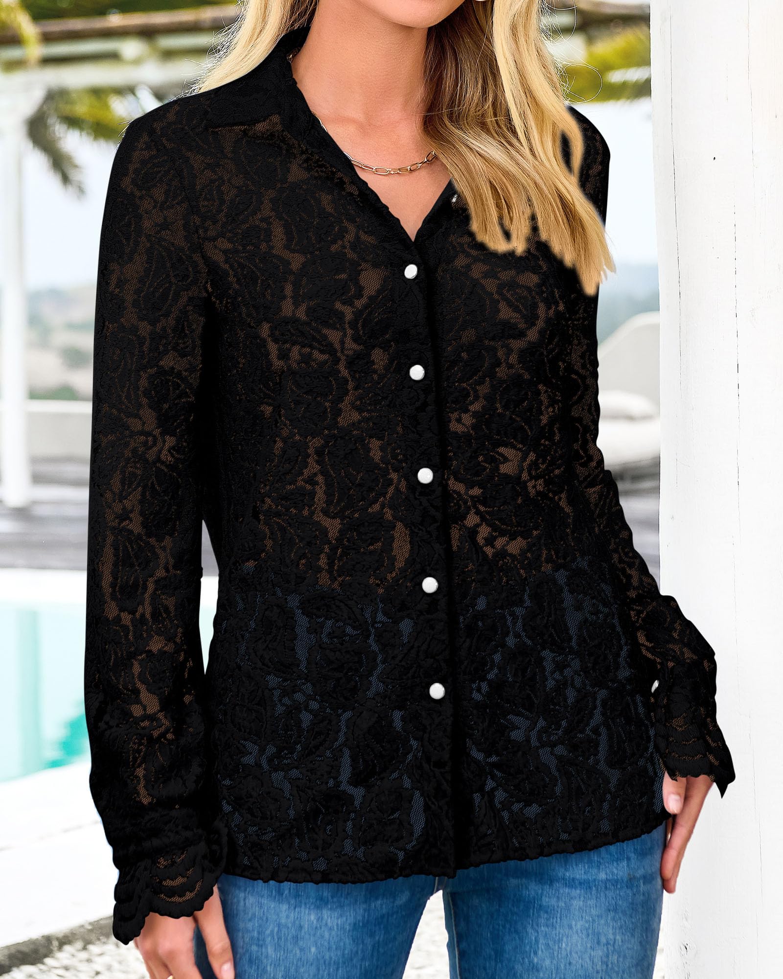 FreshPretty Long Sleeve Lace Blouses for Women Spring Dressy Casual Button Down Shirts Date Night Outfit Club Party Tops