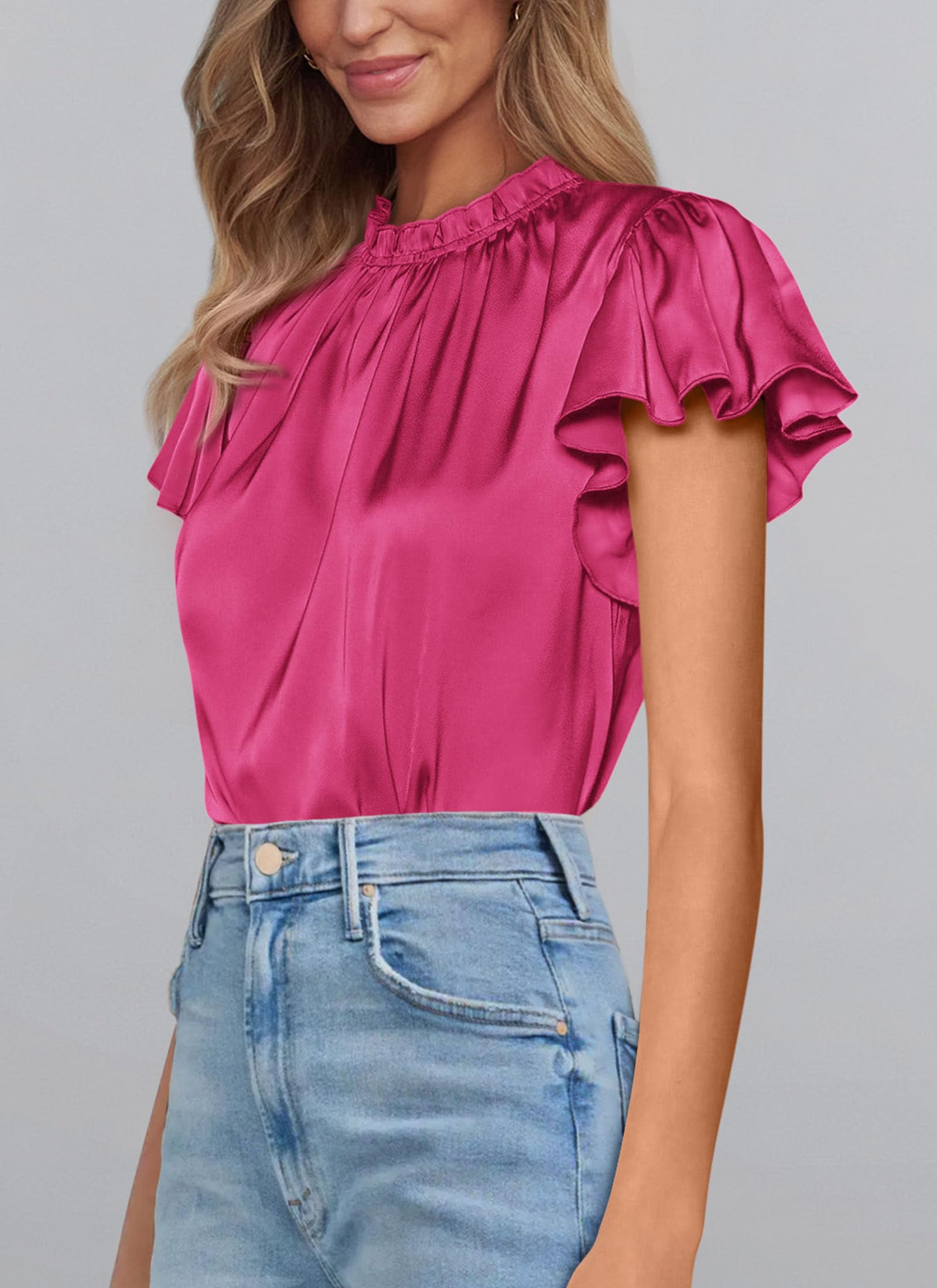 PRETTYGARDEN Business Casual Tops for Women Blouses Dressy  Summer Short Sleeve Ruffle Satin Work Office Attire