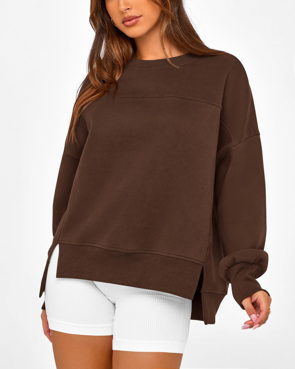 BTFBM Women's Casual Crewneck Sweatshirts Spring Long Sleeve Side Slit Workout Fleece Pullover Top Fashion Clothing