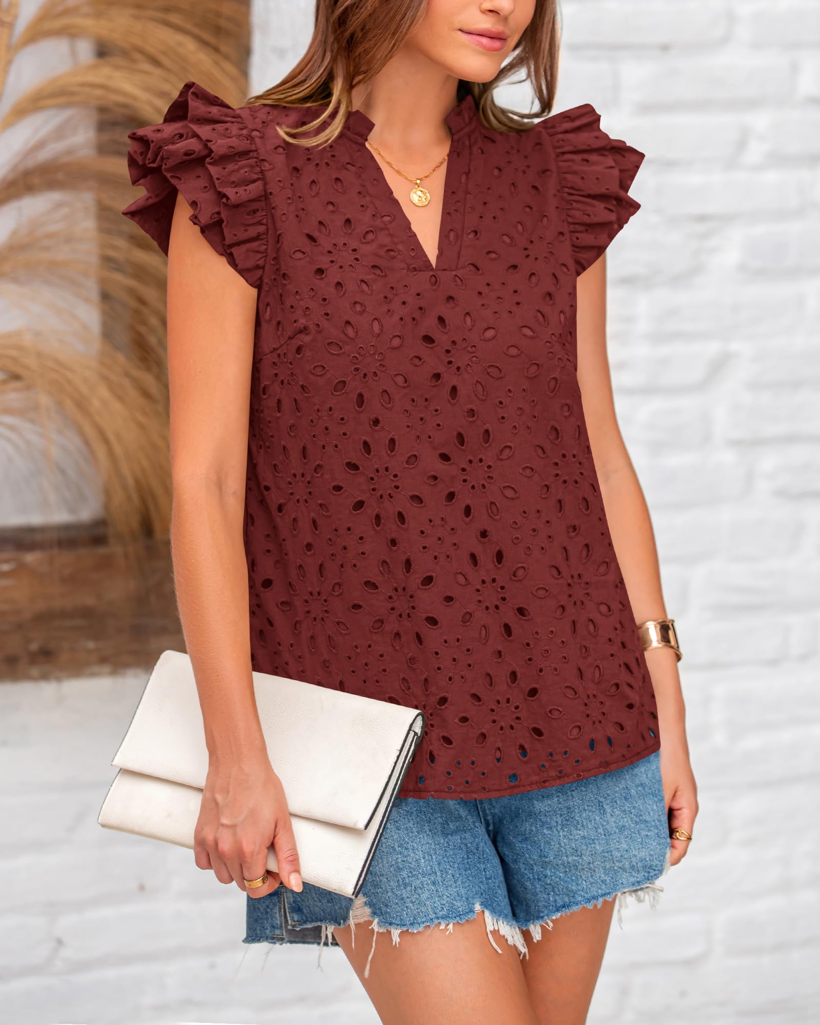 FreshPretty Women Summer Eyelet Tops Dressy Casual V Neck Ruffle Cap Sleeve Cotton Boho Shirts Lace Embroidered Blouses