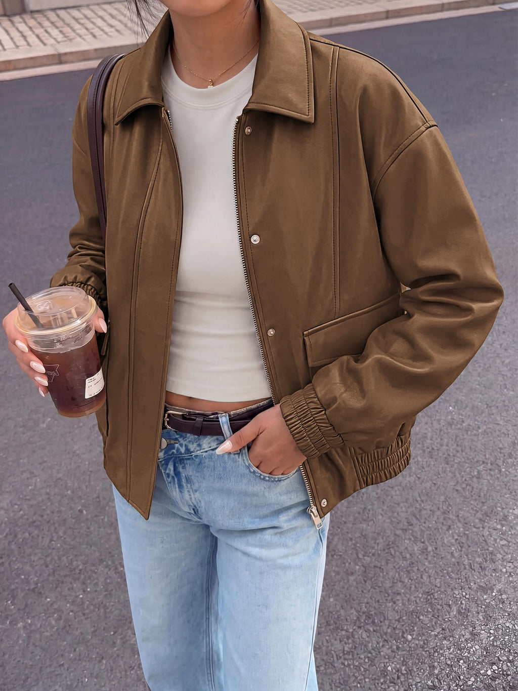 BTFBM Faux Leather Jacket Women Fall Clothes Long Sleeve, Bomber Jackets, Snaps, Pockets, Oversized, Zip Up Motorcycle Outerwear, Airport, Going Out Outfits, Winter Coat