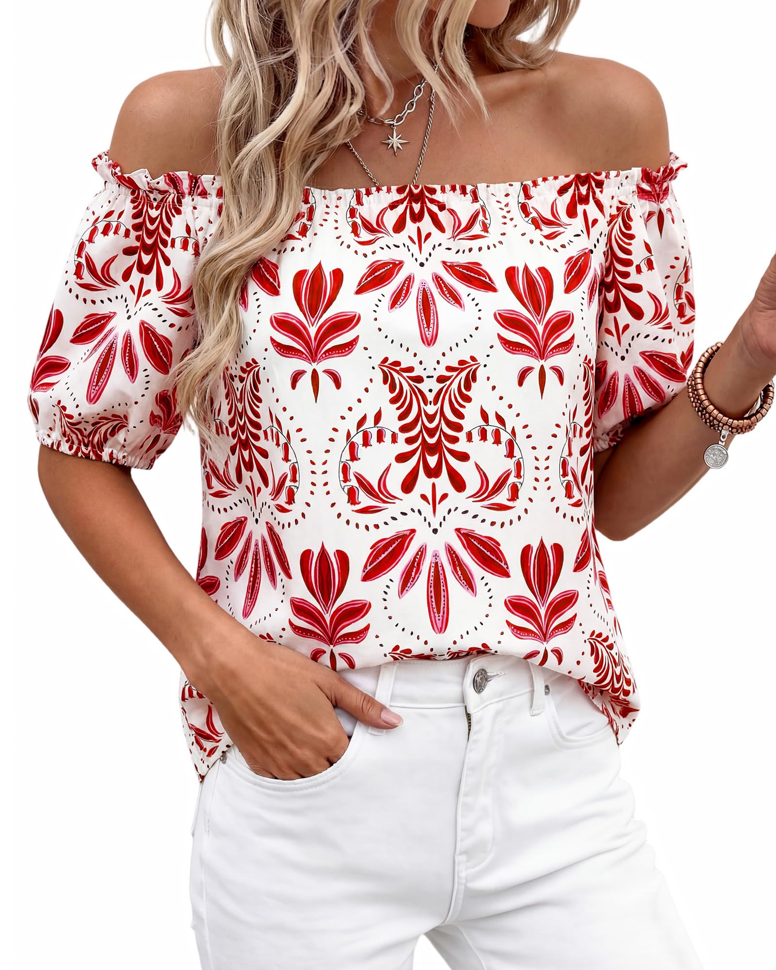 BTFBM Off The Shoulder Spring Tops for Women Summer Blouses Boho Floral Short Sleeve Shirts Dressy Casual Outfits