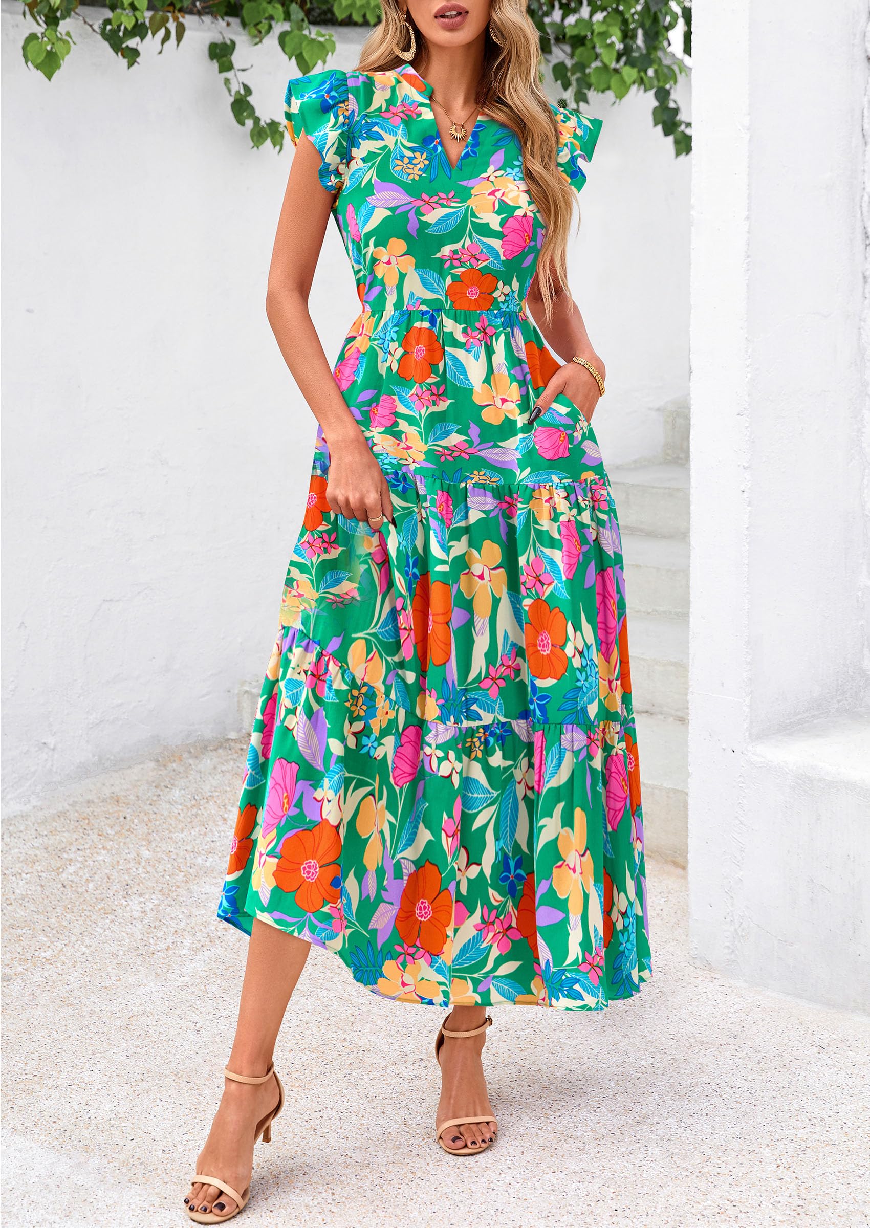 Visit the PRETTYGARDEN Store PRETTYGARDEN Women's Summer Floral Midi Dress Cap Sleeve V Neck Ruffle Long Flowy Boho Casual Beach Vacation Dresses