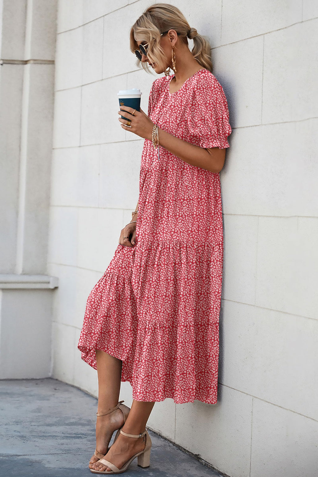 PRETTYGARDEN Summer Dresses for Women Casual Floral Boho Midi Sun Dress Puff Short Sleeve Flowy Beach Vacation Sundress