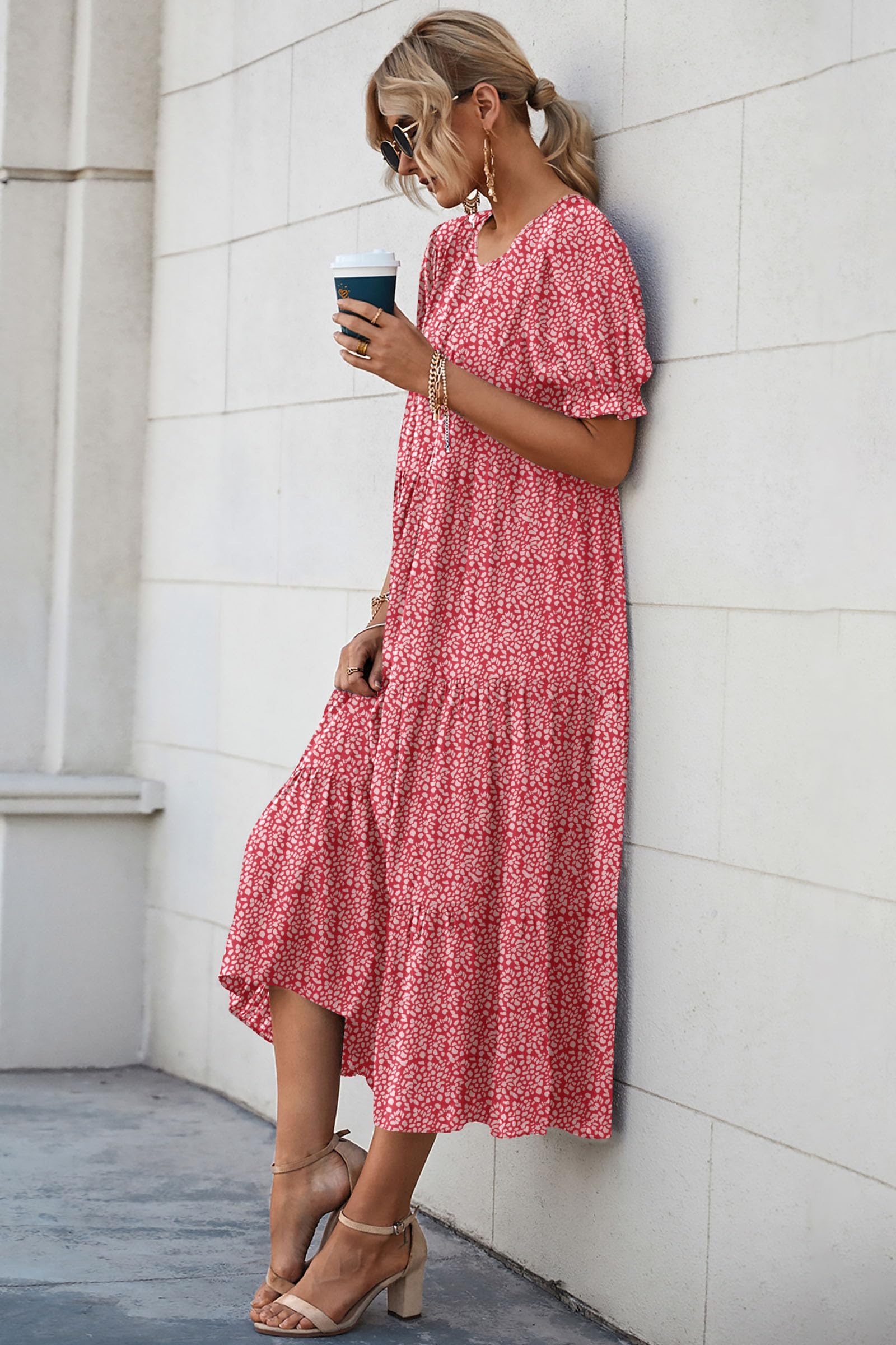 PRETTYGARDEN Summer Dresses for Women Casual Floral Boho Midi Sun Dress Puff Short Sleeve Flowy Beach Vacation Sundress