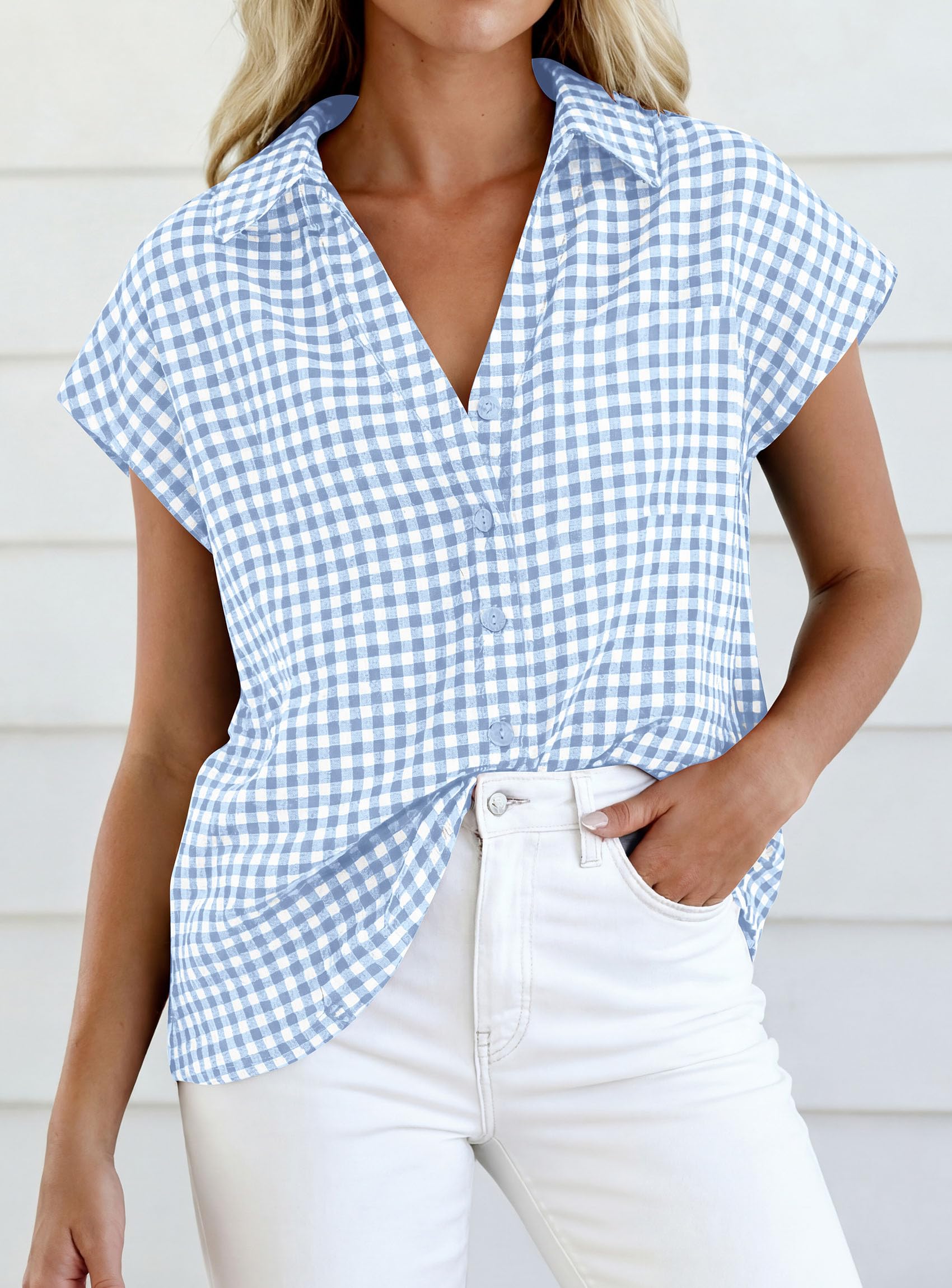 PRETTYGARDEN Womens Short Sleeve Shirts Plaid Button Down Blouse Dressy Casual Summer Spring Business Gingham Work Tops