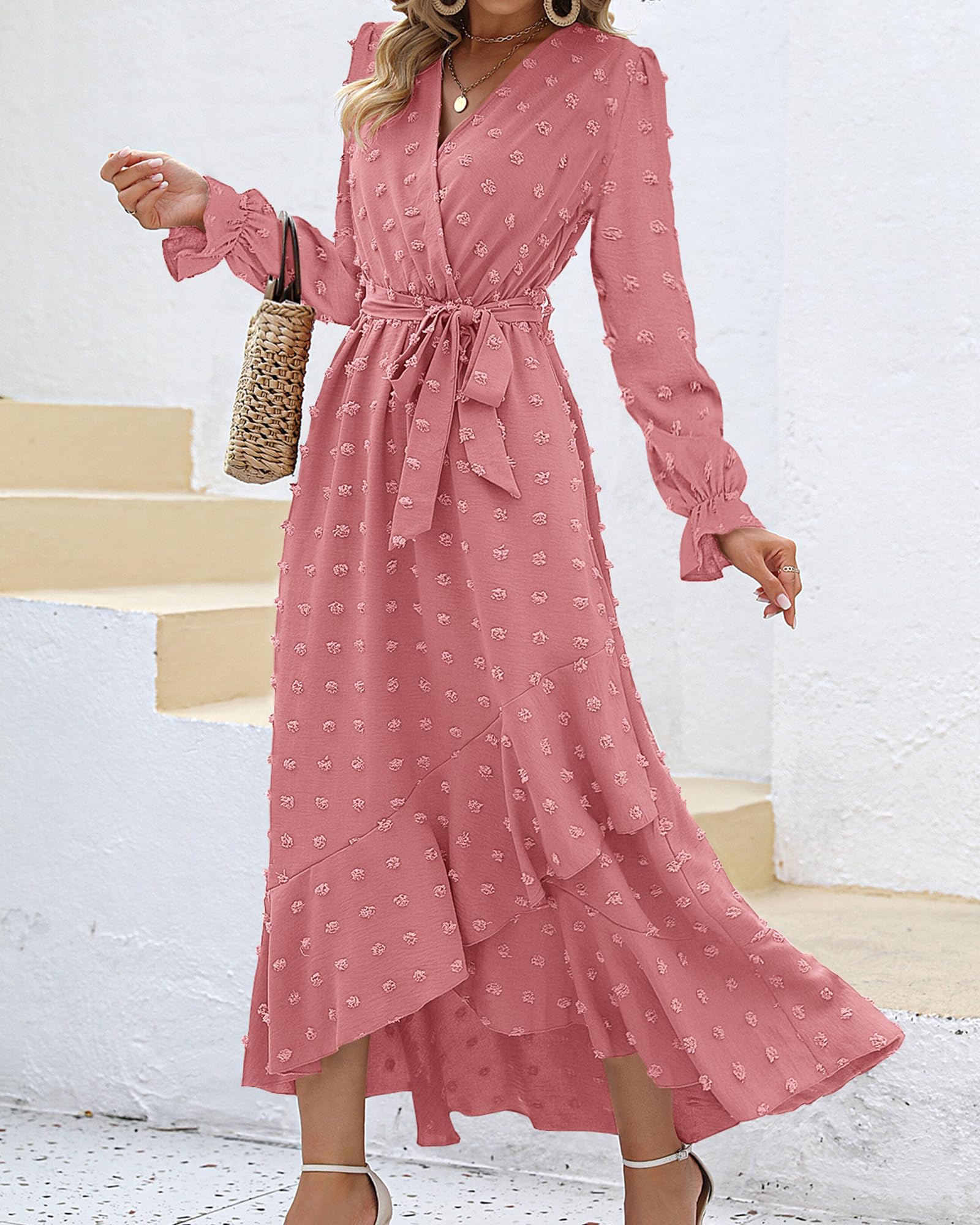 FreshPretty Long Sleeve Maxi Dresses for Women V Neck Swiss Dot Boho Flowy Slit Cocktail Wedding Guest Dress Fall Clothes