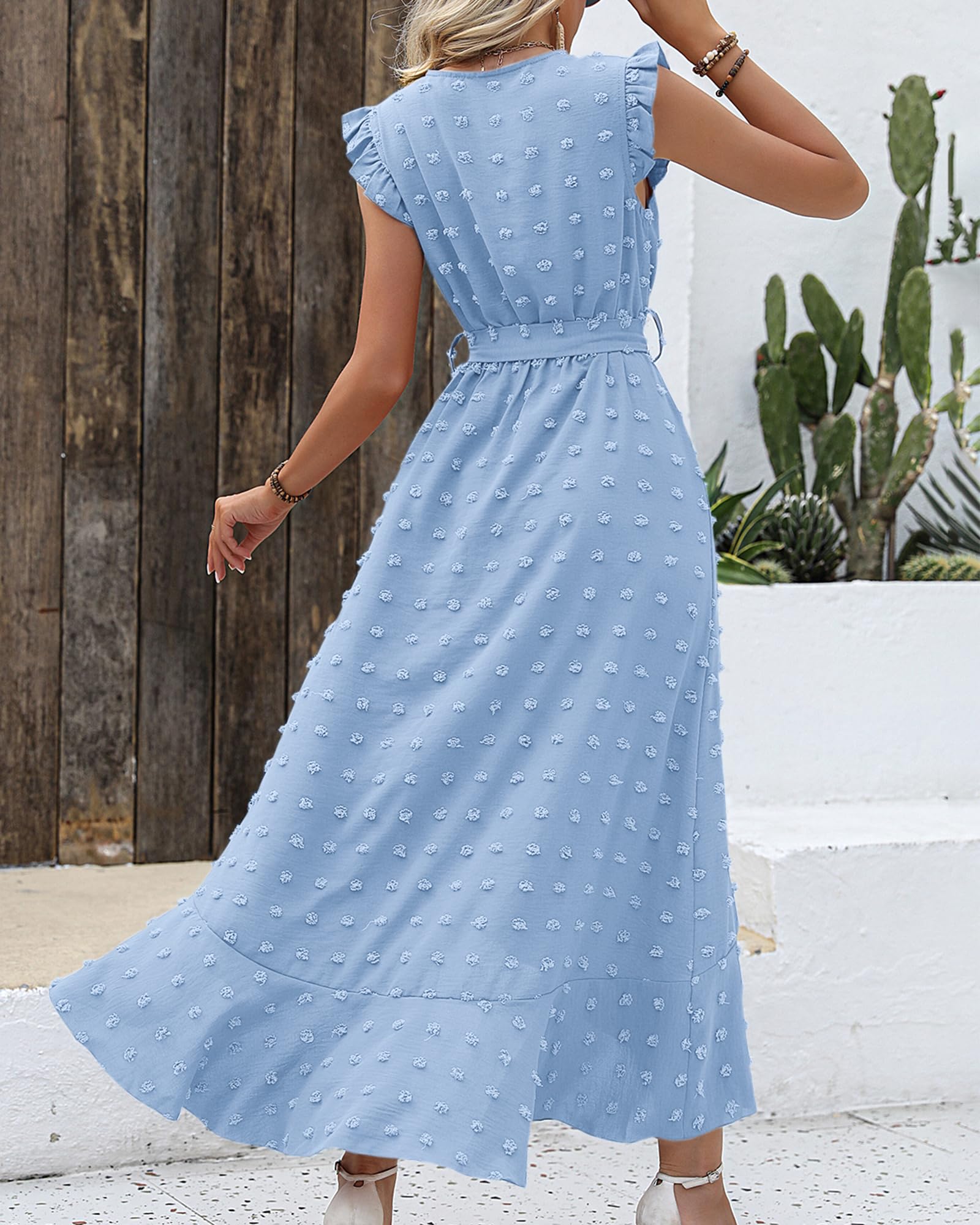 FreshPretty Women V Neck Summer Dress Cap Sleeve Swiss Dot Boho Flowy Ruffle Slit Beach Party Long Maxi Cocktail Dresses