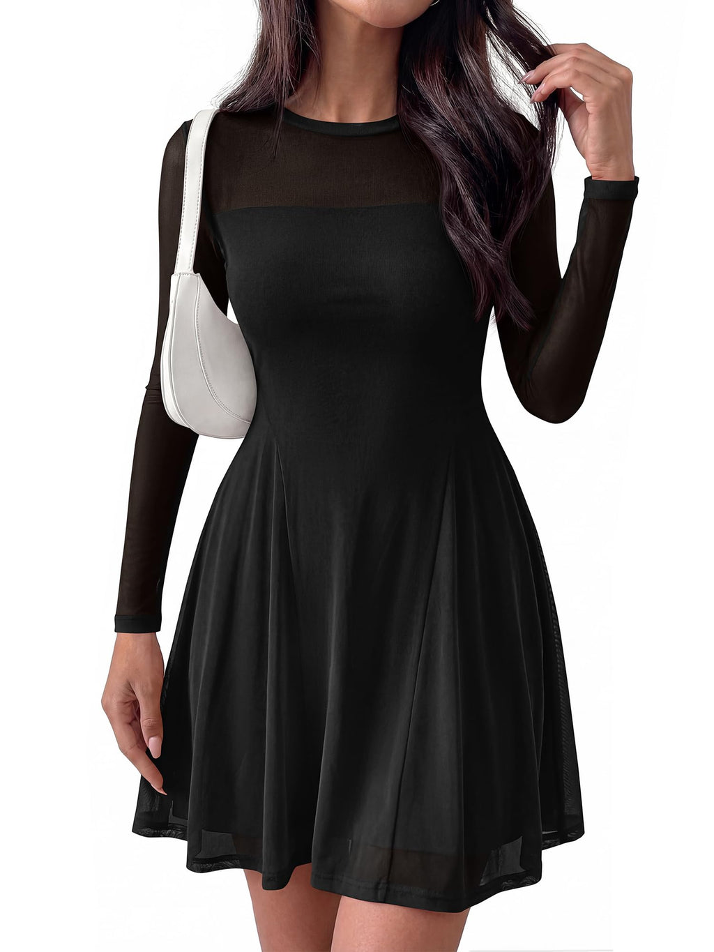 BTFBM Women’s Mini Dress Sheer Mesh Long Sleeve Crew Neck Flowy A Line Casual Cocktail Party Going Out Dresses Fall