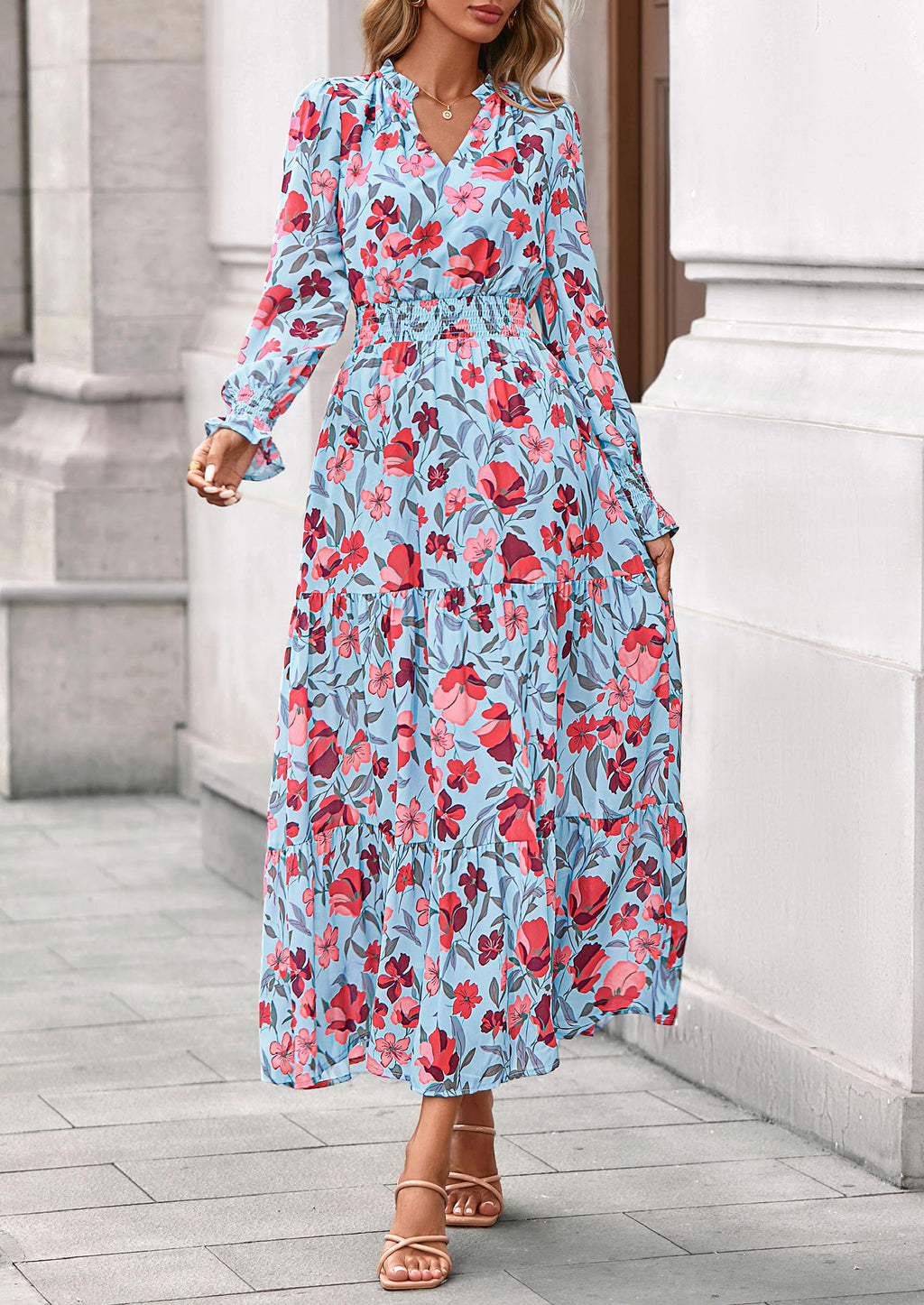 PRETTYGARDEN Women's Floral Maxi Dress Fall Long Sleeve V Neck Casual A Line Long Flowy Boho Party Dresses