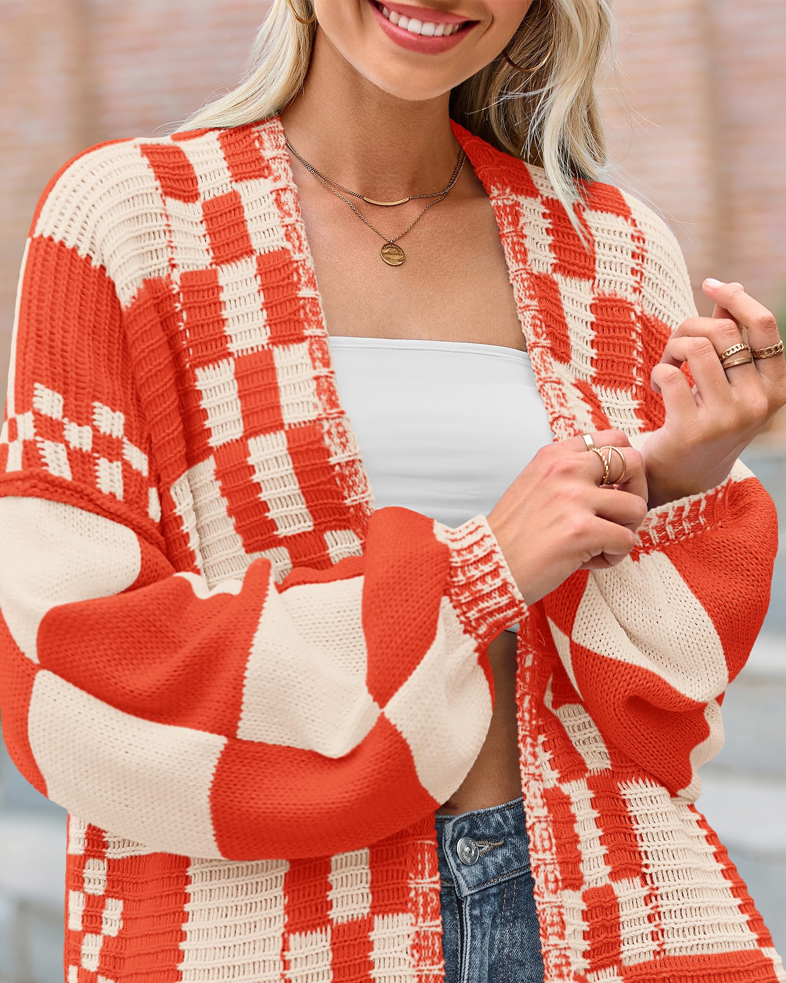 FreshPretty Casual Cardigan Sweater for Women Fall Long Sleeve Open Front Chunky Knit Sweaters Checkered Outwear Coat