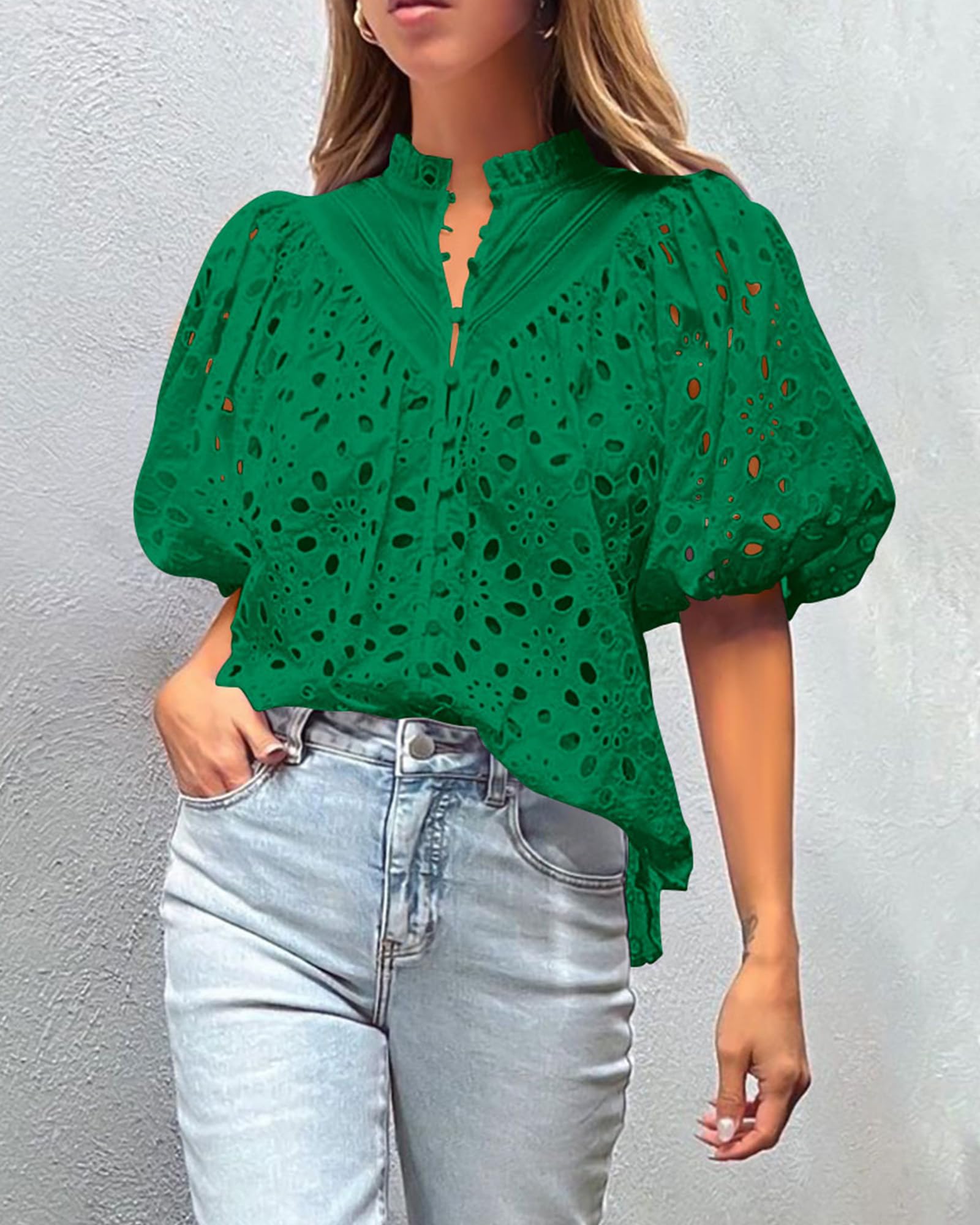 PRETTYGARDEN Women's Summer Tops Dressy Casual Short Sleeve V Neck Buttons Hollow Out Lace Embroidered Blouses Shirts