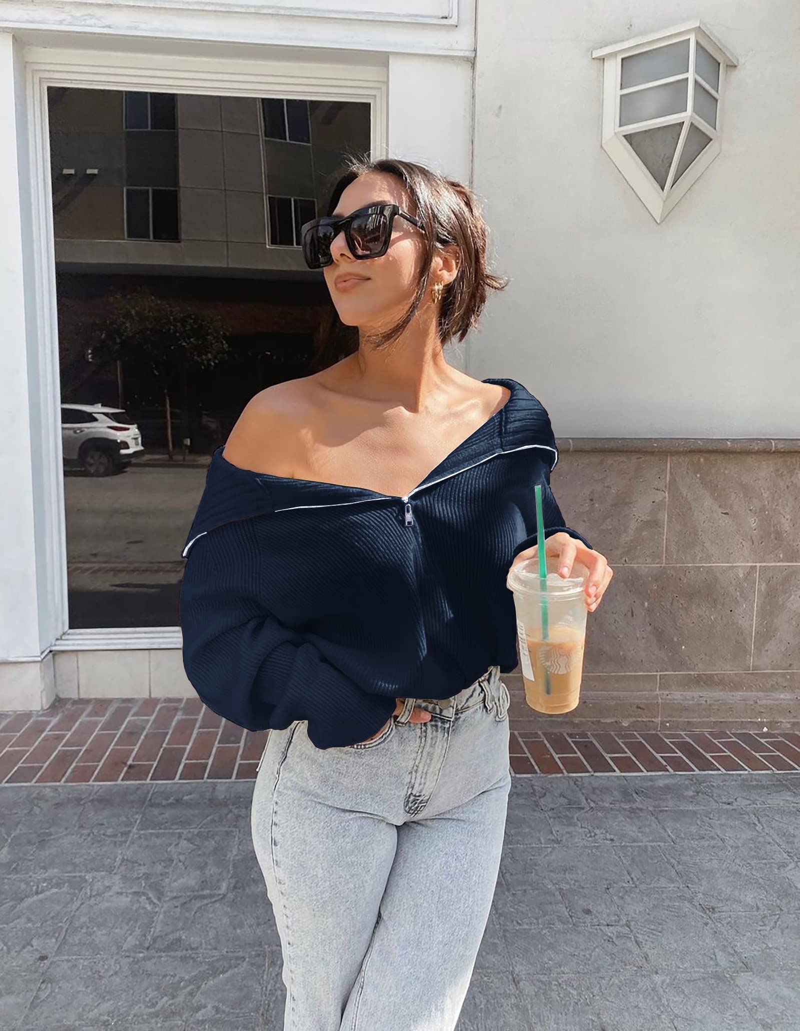 FreshPretty Womens Sweaters Quarter Zip Pullover V Neck Collar Long Sleeve Ribbed Knit Loose Casual Winter Fall Sweater