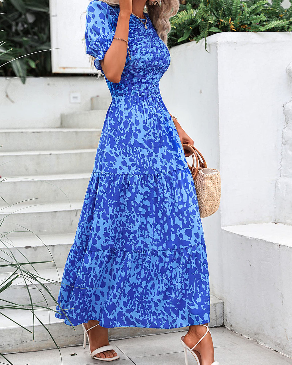 FreshPretty Women Casual Summer Dresses Spring Crew Neck Ruffle Short Sleeve Floral Print Smocked Boho Flowy Maxi Dress