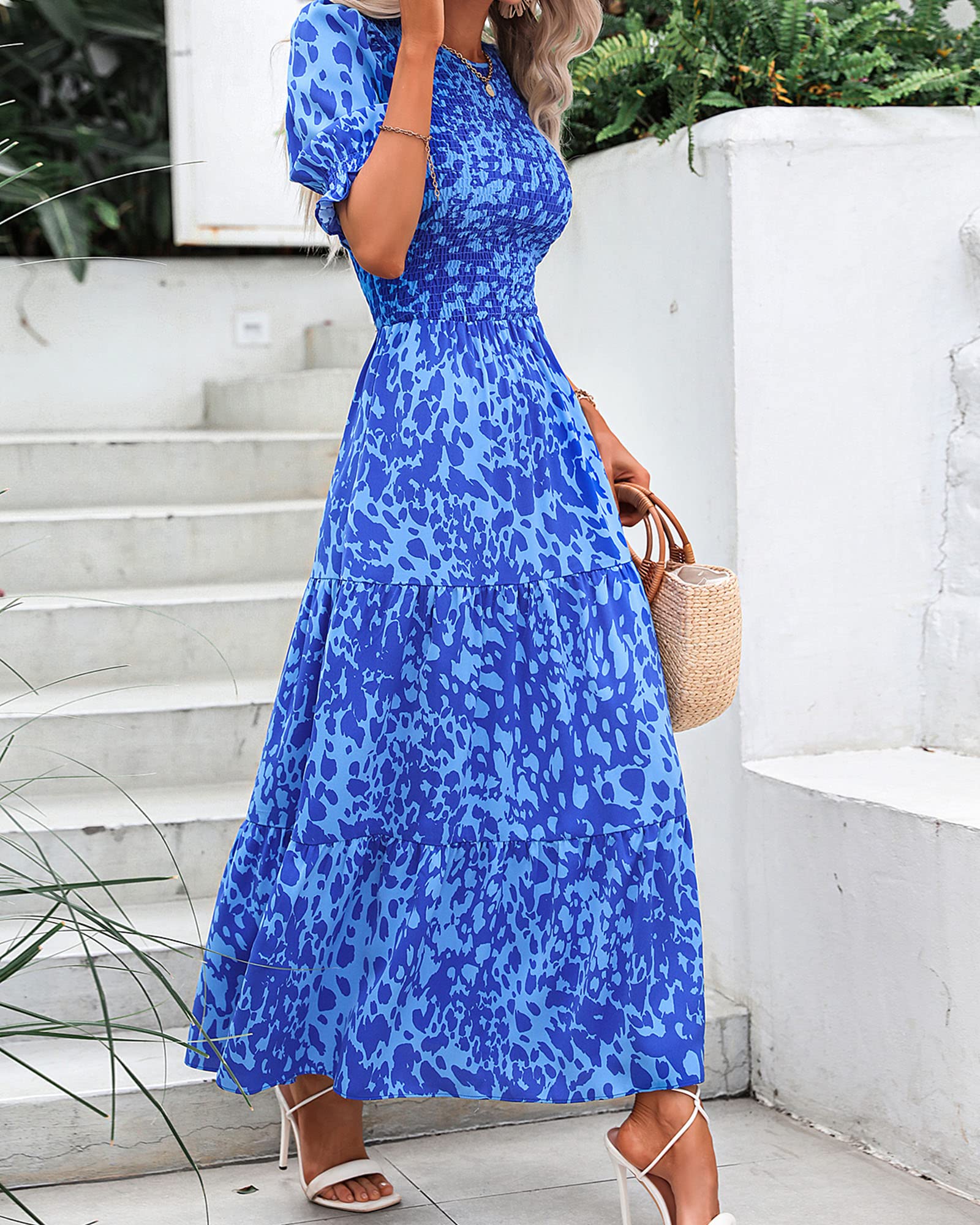 FreshPretty Women Casual Summer Dresses Spring Crew Neck Ruffle Short Sleeve Floral Print Smocked Boho Flowy Maxi Dress