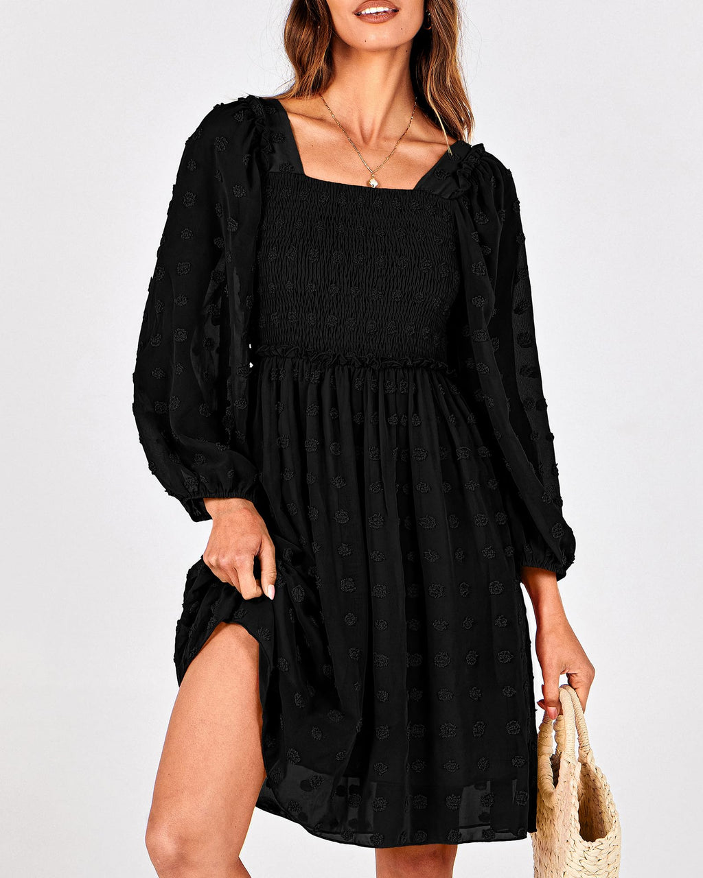 BTFBM Womens Long Sleeve Dress Summer Vacation Square Neck Smocked Floral Mini Boho Spring Wedding Guest Dresses