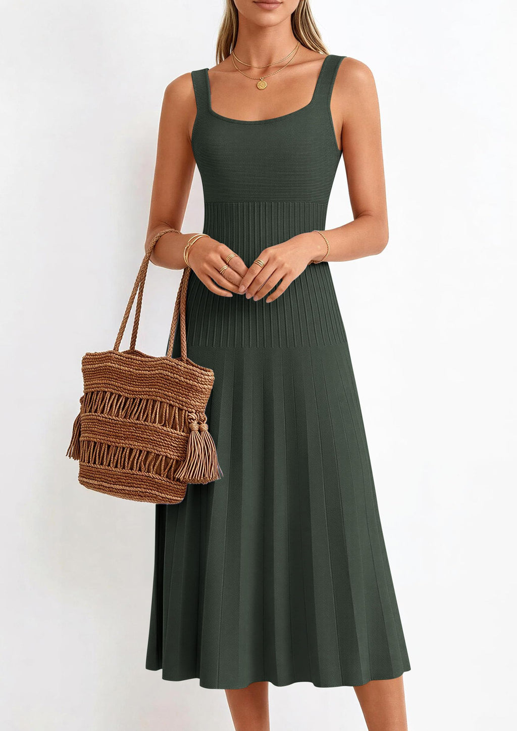 PRETTYGARDEN Spring Dresses for Women Summer Casual Sleeveless Square Neck A Line Knit Pleated Midi Cocktail Party Dress