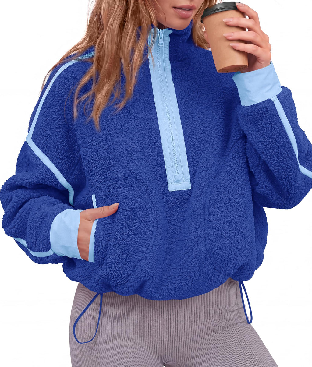 FreshPretty Womens Half Zip Fleece Pullover Sherpa Sweatshirts,Quarter Zip Cropped Jackets With Drawstring,Loose Fit Sweater Tops,Color Block Winter Coats,Trendy Fall Clothes