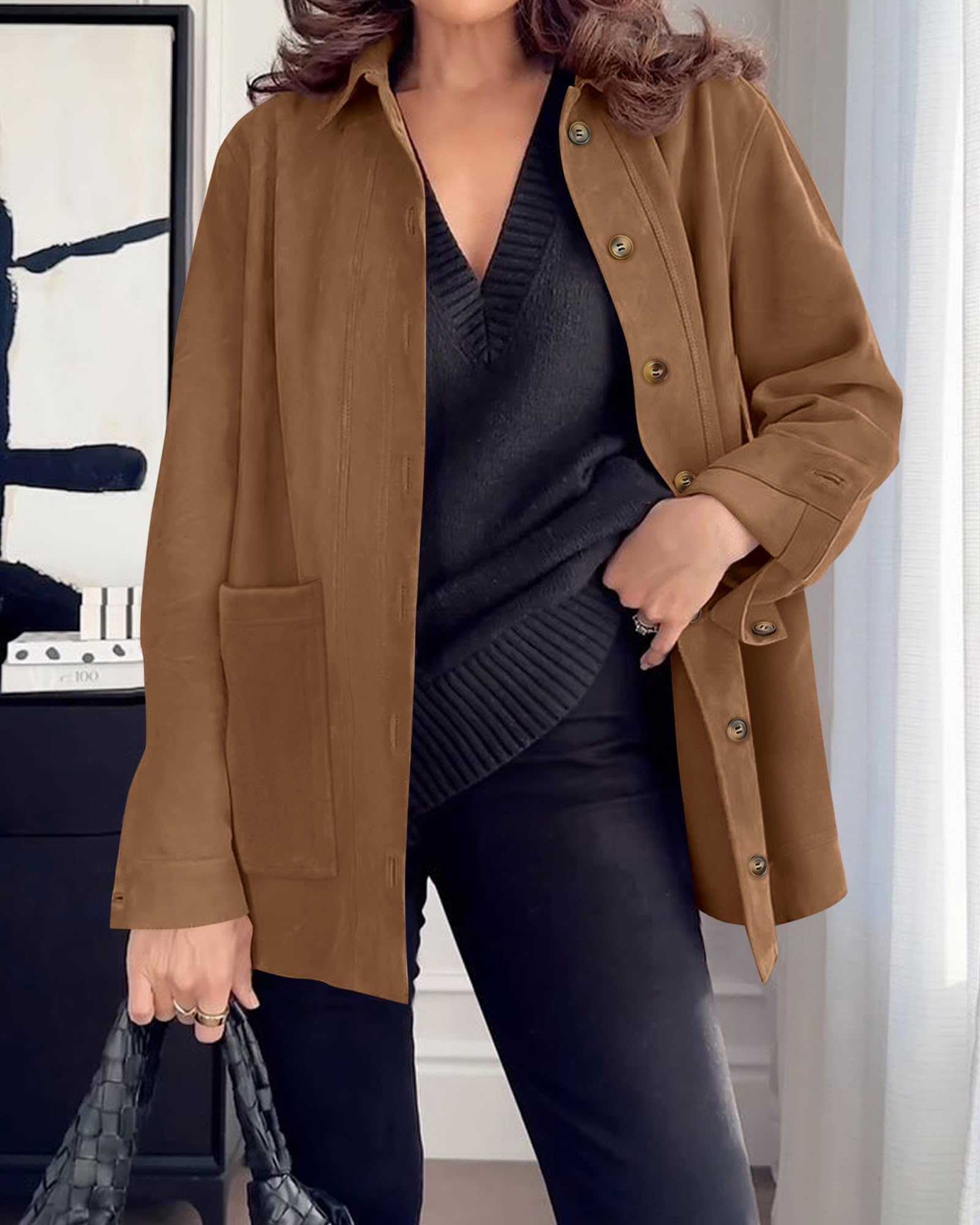 BTFBM Faux Suede Jacket Women Fall Fashion Leather Jackets Long Sleeve Button Down Winter Coats Shackets Outerwear