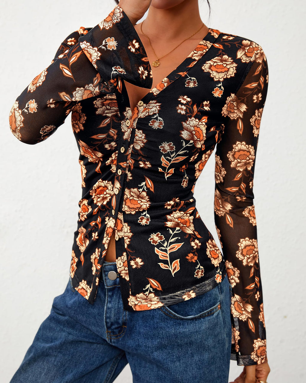 FreshPretty Button Down Shirts for Women Fall Fashion V Neck Long Sleeve Blouse Ruched Mesh Fitted Floral Print Boho Tops