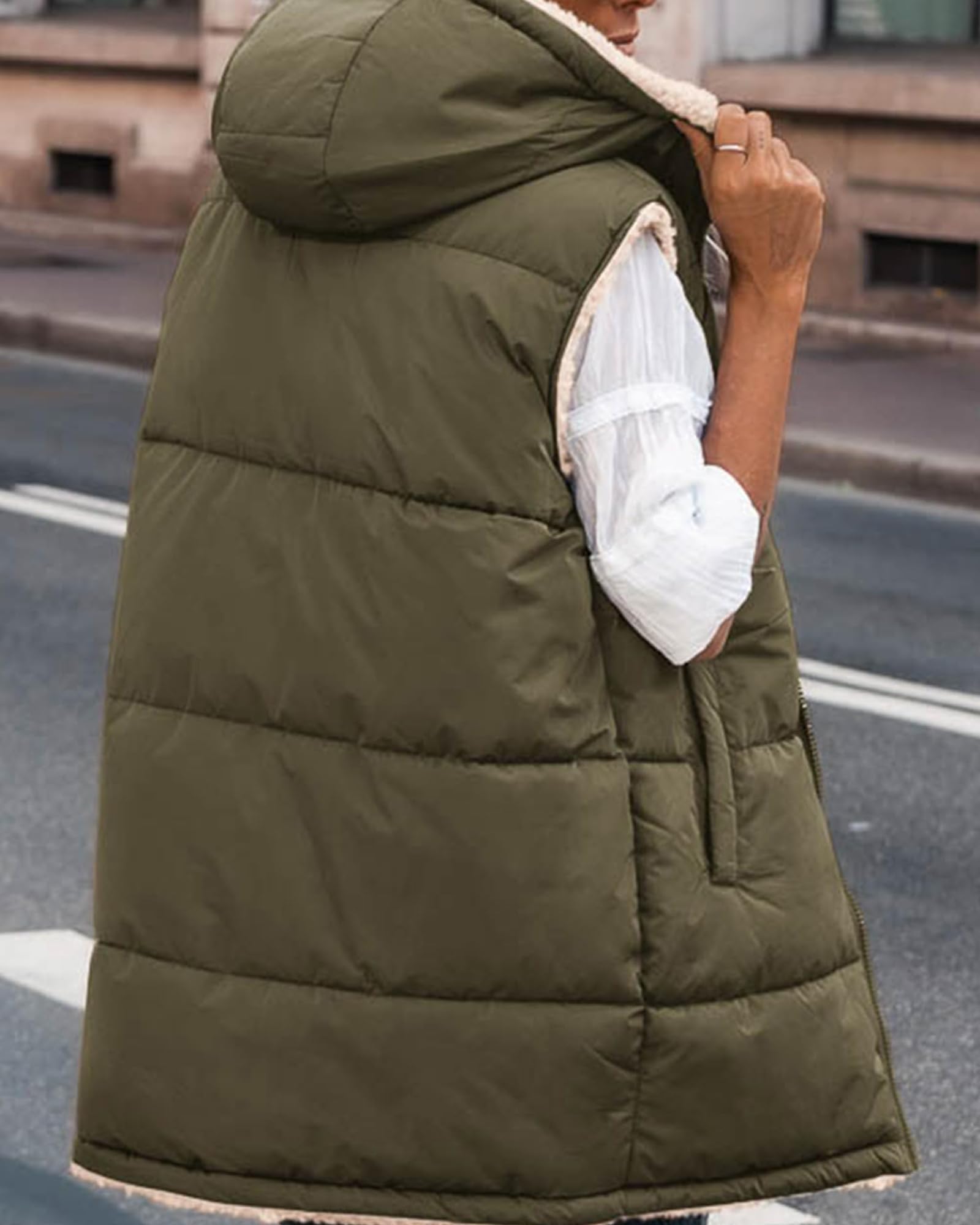 BTFBM Long Puffer Vest Women Fleece Sherpa Jacket Sleeveless Hooded Reversible Zip Up Winter Coat Fall Vests Outerwear