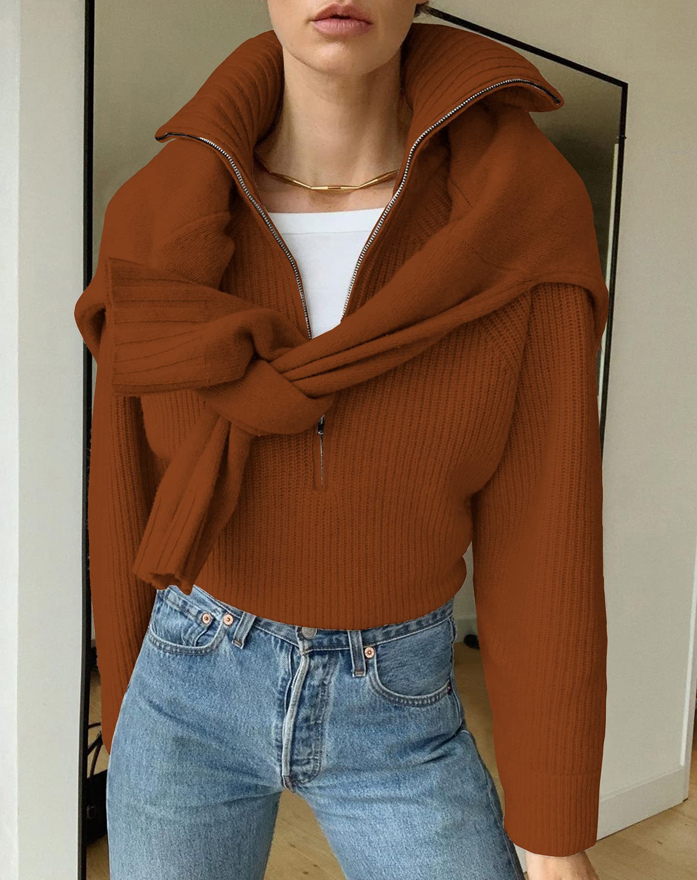 FreshPretty Womens Sweaters Quarter Zip Pullover V Neck Collar Long Sleeve Ribbed Knit Loose Casual Winter Fall Sweater