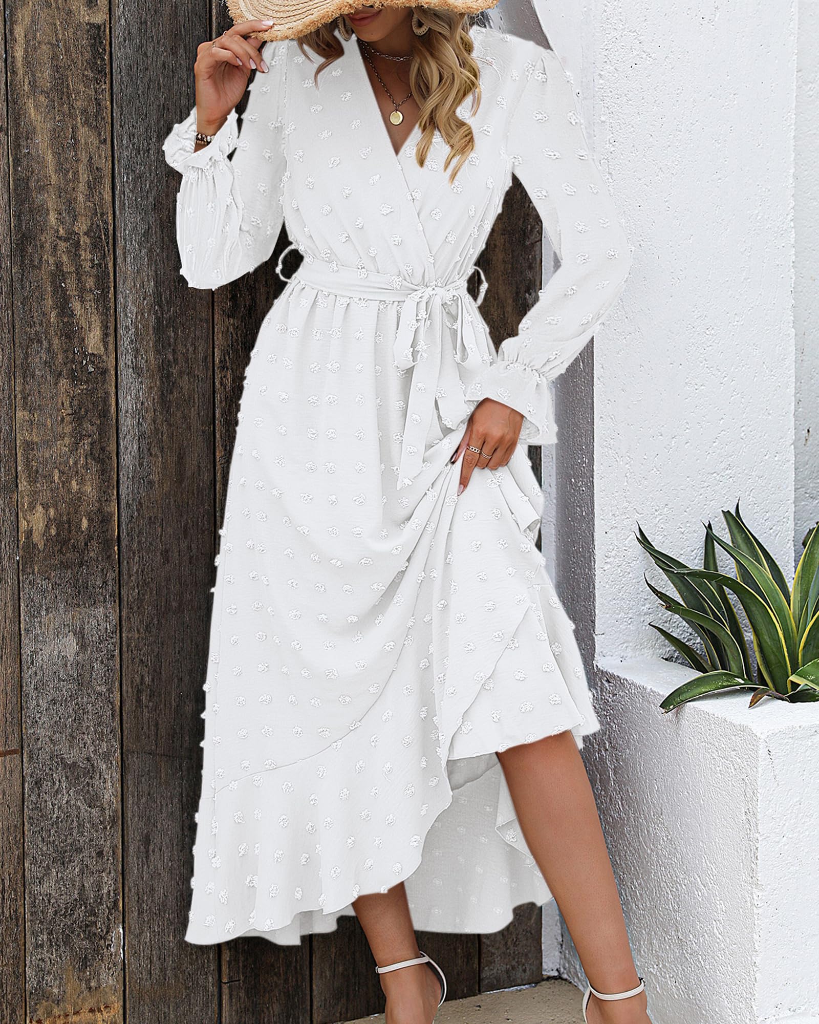 FreshPretty Long Sleeve Maxi Dresses for Women V Neck Swiss Dot Boho Flowy Slit Cocktail Wedding Guest Dress Fall Clothes